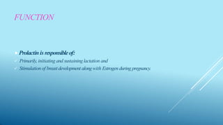 FUNCTION
⯈Prolactinis responsibleof:
 Primarily, initiating and sustaininglactation and
 Stimulation of breastdevelopment alongwith Estrogen during pregnancy.
 