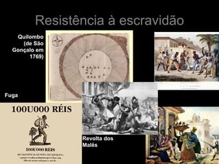 Resistência à escravidão Quilombo (de São Gonçalo em 1769) Capoeira Revolta dos Malês Fuga 