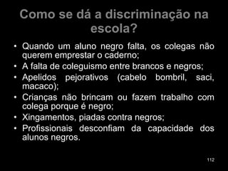 Como se dá a discriminação na escola? Quando um aluno negro falta, os colegas não querem emprestar o caderno; A falta de coleguismo entre brancos e negros; Apelidos pejorativos (cabelo bombril, saci, macaco); Crianças não brincam ou fazem trabalho com colega porque é negro; Xingamentos, piadas contra negros; Profissionais desconfiam da capacidade dos alunos negros. 