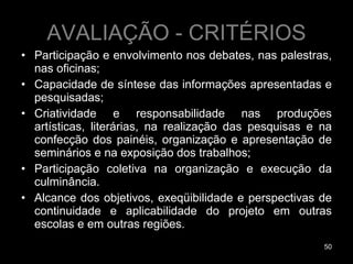 AVALIAÇÃO - CRITÉRIOS Participação e envolvimento nos debates, nas palestras, nas oficinas; Capacidade de síntese das informações apresentadas e pesquisadas; Criatividade e responsabilidade nas produções artísticas, literárias, na realização das pesquisas e na confecção dos painéis, organização e apresentação de seminários e na exposição dos trabalhos; Participação coletiva na organização e execução da culminância. Alcance dos objetivos, exeqüibilidade e perspectivas de continuidade e aplicabilidade do projeto em outras escolas e em outras regiões.  