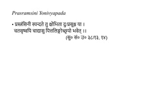 Prasramsini Yonivyapada
• प्रस्त्रंसिनी स्यन्दते तु क्षोसिता दुुःप्रिूश्च या ।
चतिृष्वसि चाद्यािु सित्तसिङ्गोच्छ्
र यो िवेत् ।।
(िु० िं० उ० ३८/१३, १४)
 