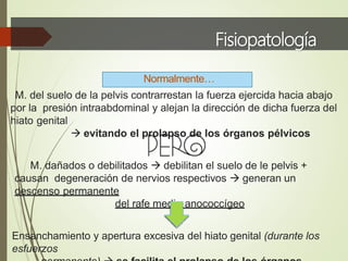 Fisiopatología
M. del suelo de la pelvis contrarrestan la fuerza ejercida hacia abajo
por la presión intraabdominal y alejan la dirección de dicha fuerza del
hiato genital
 evitando el prolapso de los órganos pélvicos
M. dañados o debilitados  debilitan el suelo de le pelvis +
causan degeneración de nervios respectivos  generan un
descenso permanente
del rafe medio anococcígeo
Ensanchamiento y apertura excesiva del hiato genital (durante los
esfuerzos
Normalmente…
 