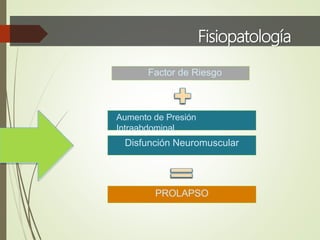 Fisiopatología
Factor de Riesgo
Aumento de Presión
Intraabdominal
PROLAPSO
Disfunción Neuromuscular
 