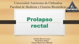 Prolapso
rectal
Universidad Autónoma de Chihuahua
Facultad de Medicina y Ciencias Biomédicas
Carolina Ramos Lozoya
David Sáenz Mujica
Yunuen María Leyva Miranda
 