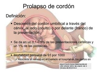 Prolapso de cordón
Definición:
Descenso del cordón umbilical a través del
cérvix, al lado (oculto) o por delante (franco) de
la presentación.
Se da en un 0,1-0,6% de las presentaciones cefálicas y
un 1% de las podálicas.
Mortalidad perinatal de 91 por 1000
Asociada al retraso en el traslado al hospital en los partos en
casa