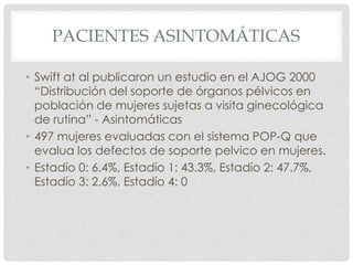 PACIENTES ASINTOMÁTICAS
• Swift at al publicaron un estudio en el AJOG 2000
“Distribución del soporte de órganos pélvicos en
población de mujeres sujetas a visita ginecológica
de rutina” - Asintomáticas
• 497 mujeres evaluadas con el sistema POP-Q que
evalua los defectos de soporte pelvico en mujeres.
• Estadío 0: 6.4%, Estadío 1: 43.3%, Estadío 2: 47.7%,
Estadío 3: 2.6%, Estadío 4: 0
 