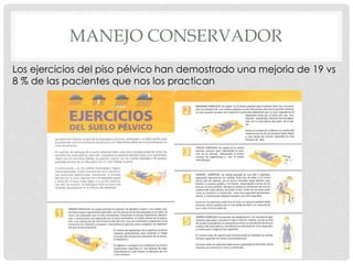 MANEJO CONSERVADOR
Los ejercicios del piso pélvico han demostrado una mejoria de 19 vs
8 % de las pacientes que nos los practican
 
