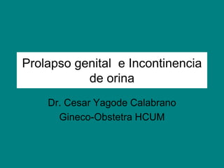 Prolapso genital e Incontinencia
de orina
Dr. Cesar Yagode Calabrano
Gineco-Obstetra HCUM
 