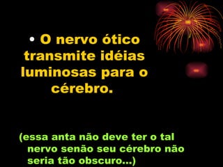 O nervo ótico transmite idéias luminosas para o cérebro.   (essa anta não deve ter o tal nervo senão seu cérebro não seria tão obscuro...) 