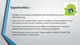 Opportunities :-
• DualBoot is providing a smartphone with two Operating systems at
affordable price.
• Duet D1 has all customizations options available onAndroid platform and
the simple Live tile UI (user interface) present onWindows phone.
• Consumers won’t have to buy two different smartphone for using two
different operating systems due to dualbooting capability.
• Consumers gets access to tons of Apps already available on Goole Play
store andWindows market place.
 