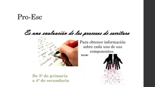Pro-Esc
Es una evaluación de los procesos de escritura
Para obtener información
sobre cada uno de sus
componentes.
De 3° de primaria
a 4° de secundaria
 