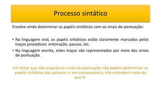 Processo sintático
Envolve ainda determinar os papéis sintáticos com os sinais de pontuação:
• Na linguagem oral, os papéis sintáticos estão claramente marcados pelos
traços prosódicos: entonação, pausas, etc.
• Na linguagem escrita, estes traços são representados por meio dos sinais
de pontuação.
Um leitor que não respeita os sinais de pontuação não poderá determinar os
papéis sintáticos das palavras e, em consequência, não entenderá nada do
que lê.
 