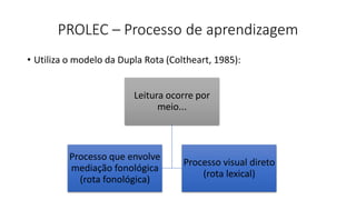 PROLEC – Processo de aprendizagem
• Utiliza o modelo da Dupla Rota (Coltheart, 1985):
Leitura ocorre por
meio...
Processo que envolve
mediação fonológica
(rota fonológica)
Processo visual direto
(rota lexical)
 