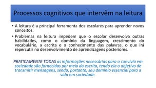 Processos cognitivos que intervêm na leitura
• A leitura é a principal ferramenta dos escolares para aprender novos
conceitos.
• Problemas na leitura impedem que o escolar desenvolva outras
habilidades, como o domínio da linguagem, crescimento do
vocabulário, a escrita e o conhecimento das palavras, o que irá
repercutir no desenvolvimento de aprendizagens posteriores.
PRATICAMENTE TODAS as informações necessárias para o convívio em
sociedade são fornecidas por meio da escrita, tendo ela o objetivo de
transmitir mensagens, sendo, portanto, seu domínio essencial para a
vida em sociedade.
 