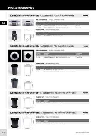 www.proled.com100
PROLED INGROUNDS
1.3
ZUBEHÖR FÜR INGROUND COB5 / ACCESSORIES FOR INGROUND COB5
Artikel-Nr. Bezeichnung Durchmesser
order code description diameter
Edelstahlring rund (316 - V4A) / ring stainless steel round (316) Ø 70 mm
Edelstahlring quadratisch (316 - V4A) / ring stainless steel square (316) 66 x 66 mm
EDELSTAHLRINGE / RINGS STAINLESS STEEL
L171CB5RR
L171CB5RS
Artikel-Nr. Bezeichnung
order code description
PVC Plastik Einbautopf / PVC plastic mounting sleeve
EINBAUTOPF / MOUNTING SLEEVE
L171CB5T
ZUBEHÖR FÜR INGROUND COB18 / ACCESSORIES FOR INGROUND COB18
Artikel-Nr. Bezeichnung
order code description
PVC Plastik Einbautopf / PVC plastic mounting sleeve
EINBAUTOPF / MOUNTING SLEEVE
L171CB18T
ZUBEHÖR FÜR INGROUND COB25 / ACCESSORIES FOR INGROUND COB25
Artikel-Nr. Bezeichnung
order code description
PVC Plastik Einbautopf / PVC plastic mounting sleeve
EINBAUTOPF / MOUNTING SLEEVE
L171CB25T
ZUBEHÖR FÜR INGROUND COB6 / ACCESSORIES FOR INGROUND COB6
EDELSTAHLRINGE / RINGS STAINLESS STEEL
Artikel-Nr. Bezeichnung Durchmesser
order code description diameter
Edelstahlring rund (316 - V4A) / ring stainless steel round (316) Ø 108 mm
Edelstahlring quadratisch (316 - V4A) / ring stainless steel square (316) 109 x 109 mm
L1713RR
L1713RS
Artikel-Nr. Bezeichnung
order code description
PVC Plastik Einbautopf / PVC plastic mounting sleeve
pulverbeschichteter Aluminium Einbautopf / powder coated aluminium mounting sleeve
EINBAUTOPF / MOUNTING SLEEVE
L1713TP
L1713T
 