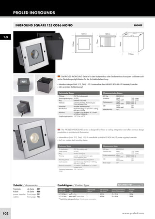 www.proled.com102
INGROUND SQUARE 125 COB6 MONO
PROLED INGROUNDS
1.3
Photometrische Daten
LED Typ: BRIDGELUX
Lichtstrom: Weiß 350 Lumen
Warm weiß 330 Lumen
Farbtemperatur: Weiß 5000–6000 K
Warm weiß 2700–3500 K
CRI: Weiß 80+
Warm weiß 80+
Abstrahlwinkel: 25°
Photometric Data
LED type: BRIDGELUX
Luminous flux: white 350 Lumen
warm white 330 Lumen
Colour temperature: white 5000–6000 K
warm white 2700–3500 K
CRI: white 80+
warm white 80+
Beam angle: 25°
The PROLED INGROUND series is designed for floor or ceiling integration and offers various design
possibilities in architectural illumination.
■ dimmable or DMX 512, DALI, 1-10 V controllable by MBNLED RGB MULTI power supplies/controller
■ incl. zinc coated steel mounting sleeve
Die PROLED INGROUND Serie ist für den Bodeneinbau oder Deckeneinbau konzipiert und bietet zahl-
reiche Gestaltungsmöglichkeiten für die Architekturbeleuchtung.
■ dimmbar oder per DMX 512, DALI, 1-10 V ansteuerbar über MBNLED RGB MULTI Netzteile/Controller
■ inkl. verzinktem Stahleinbautopf
Technische Daten
IP-Klasse: IP67 (für Außeneinsatz)
Spannungsversorgung: 24 VDC
Ring: Edelstahl 316 (V4A)
Gehäuse: pulverbeschichtetes Aluminium grau
8 mm gehärtetes Glas
Einbautopf: verzinkter Stahleinbautopf
Belastbarkeit: Flächenbelastung von ø10 mm = 270 kg,
ø30 mm = 900 kg
Anschluss: 1x Kabel 0,5 m H05RN-F 2x 1,0 mm²
auf offenes Kabelende
Umgebungstemperatur: -10° C bis +45° C
Technical Data
IP classification: IP67 (for outdoor use)
Power source: 24 VDC
Ring: stainless steal 316
Housing: powder coated aluminium grey
8 mm tempered glass
Mounting sleeve: zinc coated steel mounting sleeve
Load capacity: exert force area of ø10 mm = 270 kg,
ø30 mm = 900 kg
Electrical connection: 1x cable 0,5 m H05RN-F 2x 1,0 mm²
to open wires
Operating temperature -10° C till +45° C
range:
Produkttypen / Product Type
Artikel-Nr. Farbe LED Anzahl LED Leistung Leistungsaufnahme* Gewicht
order code colour LED pcs LED power Power consumption* weight
weiß / white 1 6 Watt 5–6 Watt 1,4 kg
warm weiß / warm white 1 6 Watt 5–6 Watt 1,4 kg
*Tatsächliche Leistungsaufnahme / Actual power consumption
EULUMDAT/IES see page 10Zubehör / Accessories
Netzteile: ab Seite 447
Kabel: ab Seite 466
power supplies: from page 447
cables: from page 466
L1715CB64
L1715CB66
 