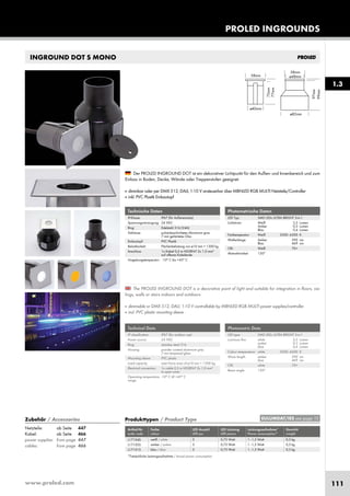 www.proled.com 111
PROLED INGROUNDS
1.3
INGROUND DOT S MONO
Photometrische Daten
LED Typ: SMD LEDs ULTRA BRIGHT 3-in-1
Lichtstrom: Weiß 2,5 Lumen
Amber 0,3 Lumen
Blau 0,4 Lumen
Farbtemperatur: Weiß 5500–6500 K
Wellenlänge: Amber 590 nm
Blau 469 nm
CRI: Weiß 70+
Abstrahlwinkel: 120°
Photometric Data
LED type: SMD LEDs ULTRA BRIGHT 3-in-1
Luminous flux: white 2,5 Lumen
amber 0,3 Lumen
blue 0,4 Lumen
Colour temperature: white 5500–6500 K
Wave length: amber 590 nm
blue 469 nm
CRI: white 70+
Beam angle: 120°
Produkttypen / Product Type
Artikel-Nr. Farbe LED Anzahl LED Leistung Leistungsaufnahme* Gewicht
order code colour LED pcs LED power Power consumption* weight
weiß / white 3 0,75 Watt 1–1,5 Watt 0,3 kg
amber / amber 3 0,75 Watt 1–1,5 Watt 0,3 kg
blau / blue 3 0,75 Watt 1–1,5 Watt 0,3 kg
*Tatsächliche Leistungsaufnahme / Actual power consumption
The PROLED INGROUND DOT is a decorative point of light and suitable for integration in floors, cei-
lings, walls or stairs indoors and outdoors.
■ dimmable or DMX 512, DALI, 1-10 V controllable by MBNLED RGB MULTI power supplies/controller
■ incl. PVC plastic mounting sleeve
Der PROLED INGROUND DOT ist ein dekorativer Lichtpunkt für den Außen- und Innenbereich und zum
Einbau in Boden, Decke, Wände oder Treppenstufen geeignet.
■ dimmbar oder per DMX 512, DALI, 1-10 V ansteuerbar über MBNLED RGB MULTI Netzteile/Controller
■ inkl. PVC Plastik Einbautopf
Technische Daten
IP-Klasse: IP67 (für Außeneinsatz)
Spannungsversorgung: 24 VDC
Ring: Edelstahl 316 (V4A)
Gehäuse: pulverbeschichtetes Aluminium grau
7 mm gehärtetes Glas
Einbautopf: PVC Plastik
Belastbarkeit: Flächenbelastung von ø10 mm = 1300 kg
Anschluss: 1x Kabel 0,5 m H05RN-F 2x 1,0 mm²
auf offenes Kabelende
Umgebungstemperatur: -10° C bis +45° C
Technical Data
IP classification: IP67 (for outdoor use)
Power source: 24 VDC
Ring: stainless steal 316
Housing: powder coated aluminium grey
7 mm tempered glass
Mounting sleeve: PVC plastic
Load capacity: exert force area of ø10 mm = 1300 kg
Electrical connection: 1x cable 0,5 m H05RN-F 2x 1,0 mm²
to open wires
Operating temperature -10° C till +45° C
range:
Der PROLED INGROUND DOT ist ein dekorativer Lichtpunkt für den Außen- und Innenbereich und zum
EULUMDAT/IES see page 10Zubehör / Accessories
Netzteile: ab Seite 447
Kabel: ab Seite 466
power supplies: from page 447
cables: from page 466
L17104S
L17105S
L17101S
 