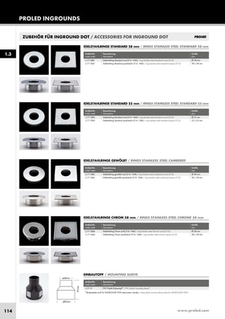 www.proled.com114
PROLED INGROUNDS
ZUBEHÖR FÜR INGROUND DOT / ACCESSORIES FOR INGROUND DOT
Artikel-Nr. Bezeichnung Größe
order code description size
Edelstahlring Standard rund (316 - V4A) / ring stainless steel standard round (316) Ø 58 mm
Edelstahlring Standard quadratisch (316 - V4A) / ring stainless steel standard square (316) 58 x 58 mm
EDELSTAHLRINGE STANDARD 58 mm / RINGS STAINLESS STEEL STANDARD 58 mm
Artikel-Nr. Bezeichnung Größe
order code description size
Edelstahlring gewölbt rund (316 - V4A) / ring stainless steel cambered round (316) Ø 58 mm
Edelstahlring gewölbt quadratisch (316 - V4A) / ring stainless steel cambered square (316) 58 x 58 mm
EDELSTAHLRINGE GEWÖLBT / RINGS STAINLESS STEEL CAMBERED
Artikel-Nr. Bezeichnung Größe
order code description size
Edelstahlring Chrom rund (316 - V4A) / ring stainless steel chrome round (316) Ø 58 mm
Edelstahlring Chrom quadratisch (316 - V4A) / ring stainless steel chrome square (316) 58 x 58 mm
EDELSTAHLRINGE CHROM 58 mm / RINGS STAINLESS STEEL CHROME 58 mm
Artikel-Nr. Bezeichnung Größe
order code description size
Edelstahlring Standard rund (316 - V4A) / ring stainless steel standard round (316) Ø 55 mm
Edelstahlring Standard quadratisch (316 - V4A) / ring stainless steel standard square (316) 55 x 55 mm
EDELSTAHLRINGE STANDARD 55 mm / RINGS STAINLESS STEEL STANDARD 55 mm
Artikel-Nr. Bezeichnung
order code description
PVC Plastik Einbautopf* / PVC plastic mounting sleeve*
EINBAUTOPF / MOUNTING SLEEVE
*Bodenplatte muß für INGROUND THIN demontiert werden / base plate must be demounted for INGROUND THIN
1.3
L1711RRT
L1711RST
L1711RRU
L1711RSU
L1711RRC
L1711RSC
L1711RRH
L1711RSH
L1711T
 