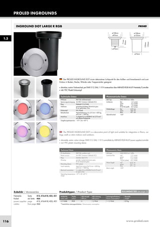 www.proled.com116
PROLED INGROUNDS
INGROUND DOT LARGE R RGB
Photometrische Daten
LED Typ: SMD RGB 3-in-1 LEDs
Lichtstrom: Rot 1,5 Lumen
Grün 2,5 Lumen
Blau 1,0 Lumen
R+G+B (weiß) 4,5 Lumen
Wellenlänge: Rot 619 nm
Grün 527 nm
Blau 471 nm
Abstrahlwinkel: 120°
Photometric Data
LED type: SMD RGB 3-in-1 LEDs
Luminous flux: red 1,5 Lumen
green 2,5 Lumen
blue 1,0 Lumen
r+g+b (white) 4,5 Lumen
Wave length: red 619 nm
green 527 nm
blue 471 nm
Beam angle: 120°
The PROLED INGROUND DOT is a decorative point of light and suitable for integration in floors, cei-
lings, walls or stairs indoors and outdoors.
■ dimmable, autom. colour change, DMX 512, DALI, 1-10 V controllable by MBNLED RGB MULTI power supplies/controller
■ incl. PVC plastic mounting sleeve
Der PROLED INGROUND DOT ist ein dekorativer Lichtpunkt für den Außen- und Innenbereich und zum
Einbau in Boden, Decke, Wände oder Treppenstufen geeignet.
■ dimmbar,autom.Farbwechsel,perDMX512,DALI,1-10VansteuerbarüberMBNLEDRGBMULTINetzteile/Controller
■ inkl. PVC Plastik Einbautopf
Produkttypen / Product Type
Artikel-Nr. Farbe LED Anzahl LED Leistung Leistungsaufnahme* Gewicht
order code colour LED pcs LED power Power consumption* weight
RGB 6 1,5 Watt 1–1,5 Watt 0,9 kg
*Tatsächliche Leistungsaufnahme / Actual power consumption
Technische Daten
IP-Klasse: IP67 (für Außeneinsatz)
Spannungsversorgung: 24 VDC Common Cathode (CC)
Ring: Edelstahl 316 (V4A)
Gehäuse: pulverbeschichtetes Aluminium grau
8 mm gehärtetes Glas
Einbautopf: PVC Plastik
Belastbarkeit: Flächenbelastung von ø10 mm = 600 kg,
ø30 mm = 1800 kg
Anschluss: 1x Kabel 0,5 m H05RN-F 4x 0,75 mm²
auf offenes Kabelende
Umgebungstemperatur: -10° C bis +45° C
Technical Data
IP classification: IP67 (for outdoor use)
Power source: 24 VDC Common Cathode (CC)
Ring: stainless steal 316
Housing: powder coated aluminium grey
8 mm tempered glass
Mounting sleeve: PVC plastic
Load capacity: exert force area of ø10 mm = 600 kg,
ø30 mm = 1800 kg
Electrical connection: 1x cable 0,5 m H05RN-F 4x 0,75 mm²
to open wires
Operating temperature -10° C till +45° C
range:
1.3
EULUMDAT/IES see page 10Zubehör / Accessories
Netzteile: Seite 413, 416-418, 425, 431
Kabel: ab Seite 466
power supplies: page 413, 416-418, 425, 431
cables: from page 466
L17100RL
 