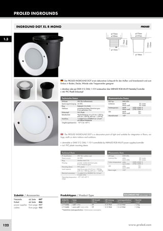 www.proled.com122
PROLED INGROUNDS
INGROUND DOT XL R MONO
Photometrische Daten
LED Typ: SMD LEDs
Lichtstrom: Weiß 50 Lumen
Warm weiß 50 Lumen
Farbtemperatur: Weiß 5500–6500 K
Warm weiß 2700–3500 K
CRI: Weiß 70+
Warm weiß 70+
Abstrahlwinkel: 120°
Photometric Data
LED type: SMD LEDs
Luminous flux: white 50 Lumen
warm white 50 Lumen
Colour temperature: white 5500–6500 K
warm white 2700–3500 K
CRI: white 70+
warm white 70+
Beam angle: 120°
Produkttypen / Product Type
Artikel-Nr. Farbe LED Anzahl LED Leistung Leistungsaufnahme* Gewicht
order code colour LED pcs LED power Power consumption* weight
weiß / white 39 3,12 Watt 3–3,5 Watt 1,5 kg
warm weiß / warm white 39 3,12 Watt 3–3,5 Watt 1,5 kg
*Tatsächliche Leistungsaufnahme / Actual power consumption
The PROLED INGROUND DOT is a decorative point of light and suitable for integration in floors, cei-
lings, walls or stairs indoors and outdoors.
■ dimmable or DMX 512, DALI, 1-10 V controllable by MBNLED RGB MULTI power supplies/controller
■ incl. PVC plastic mounting sleeve
Der PROLED INGROUND DOT ist ein dekorativer Lichtpunkt für den Außen- und Innenbereich und zum
Einbau in Boden, Decke, Wände oder Treppenstufen geeignet.
■ dimmbar oder per DMX 512, DALI, 1-10 V ansteuerbar über MBNLED RGB MULTI Netzteile/Controller
■ inkl. PVC Plastik Einbautopf
Technische Daten
IP-Klasse: IP67 (für Außeneinsatz)
Spannungsversorgung: 24 VDC
Ring: Edelstahl 316 (V4A)
Gehäuse: pulverbeschichtetes Aluminium grau
8 mm gehärtetes Glas
Einbautopf: PVC Plastik
Belastbarkeit: Flächenbelastung von ø10 mm = 500 kg,
ø30 mm = 800 kg, ø60 mm = 1200 kg
Anschluss: 1x Kabel 0,5 m H05RN-F 2x 1,0 mm²
auf offenes Kabelende
Umgebungstemperatur: -10° C bis +45° C
Technical Data
IP classification: IP67 (for outdoor use)
Power source: 24 VDC
Ring: stainless steal 316
Housing: powder coated aluminium grey
8 mm tempered glass
Mounting sleeve: PVC plastic
Load capacity: exert force area of ø10 mm = 500 kg,
ø30 mm = 800 kg, ø60 mm = 1200 kg
Electrical connection: 1x cable 0,5 m H05RN-F 2x 1,0 mm²
to open wires
Operating temperature -10° C till +45° C
range:
1.3
EULUMDAT/IES see page 10Zubehör / Accessories
Netzteile: ab Seite 447
Kabel: ab Seite 466
power supplies: from page 447
cables: from page 466
L17104RXL
L17106RXL
 
