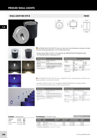 www.proled.com134
PROLED WALL LIGHTS
WALL LIGHT REC EYE R
Photometrische Daten
LED Typ: EDISON 3 Watt Highpower
Lichtstrom: Blau 10 Lumen
Weiß 50 Lumen
Warm weiß 40 Lumen
Wellenlänge: Blau 466 nm
Farbtemperatur: Weiß 5500–6500 K
Warm weiß 2700–3500 K
CRI: Weiß 70+
Warm weiß 80+
Abstrahlwinkel: 80°
Photometric Data
LED type: EDISON 3 Watt high power
Luminous flux: blue 10 Lumen
white 50 Lumen
warm white 40 Lumen
Wave length: blue 466 nm
Colour temperature: white 5500–6500 K
warm white 2700–3500 K
CRI: white 70+
warm white 80+
Beam angle: 80°
The PROLED WALL LIGHT REC EYE series is designed for wall or ceiling integration and offers various
design possibilities in architectural illumination.
■ dimmable or DMX 512, DALI, 1-10 V controllable by MBNLED RGB MULTI power supplies/controller
■ incl. mounting sleeve (standard German in-wall mounting box 68 mm)
Die PROLED WALL LIGHT REC EYE Serie ist für den Wand- oder Deckeneinbau konzipiert und bietet
zahlreiche Gestaltungsmöglichkeiten in der Architekturbeleuchtung.
■ dimmbar oder per DMX 512, DALI, 1-10 V ansteuerbar über MBNLED RGB MULTI Netzteile/Controller
■ inkl. Einbautopf (Standard Unterputzdose 68 mm)
Produkttypen / Product Type
Artikel-Nr. Farbe LED Anzahl LED Leistung Leistungsaufnahme* Gewicht
order code colour LED pcs LED power Power consumption* weight
weiß / white 1 3 Watt 2,5–3 Watt 0,23 kg
warm weiß / warm white 1 3 Watt 2,5–3 Watt 0,23 kg
blau / blue 1 3 Watt 2,5–3 Watt 0,23 kg
*Tatsächliche Leistungsaufnahme / Actual power consumption
Technische Daten
IP-Klasse: IP65 (für Außeneinsatz)
Spannungsversorgung: 24 VDC
Gehäuse: pulverbeschichtetes Aluminium silbergrau
Einbautopf: Standard Unterputzdose 68 mm (Deutschland)
Anschluss: 1x Kabel 0,5 m H05RN-F 2x 1,0 mm²
auf offenes Kabelende
Umgebungstemperatur: –10° C bis +45° C
Technical Data
IP classification: IP65 (for outdoor use)
Power source: 24 VDC
Housing: powder coated aluminium silver grey
Mounting sleeve: standard German in-wall mounting box 68 mm
Electrical connection: 1x cable 0,5 m H05RN-F 2x 1,0 mm²
to open wires
Operating temperature –10° C till +45° C
range:
1.4
EULUMDAT/IES see page 10Zubehör / Accessories
Netzteile: ab Seite 447
Kabel: ab Seite 466
power supplies: from page 447
cables: from page 466
L17224R
L17226R
L17221R
 