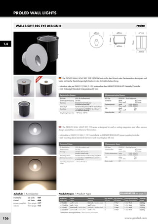 www.proled.com136
PROLED WALL LIGHTS
WALL LIGHT REC EYE DESIGN R
Photometrische Daten
LED Typ: EDISON 1 Watt Highpower
Lichtstrom: Weiß 40 Lumen
Warm weiß 30 Lumen
Farbtemperatur: Weiß 5500–6500 K
Warm weiß 2700–3500 K
CRI: Weiß 70+
Warm weiß 80+
Abstrahlwinkel: 80°
Photometric Data
LED type: EDISON 1 Watt high power
Luminous flux: white 40 Lumen
warm white 30 Lumen
Colour temperature: white 5500–6500 K
warm white 2700–3500 K
CRI: white 70+
warm white 80+
Beam angle: 80°
The PROLED WALL LIGHT REC EYE series is designed for wall or ceiling integration and offers various
design possibilities in architectural illumination.
■ dimmable or DMX 512, DALI, 1-10 V controllable by MBNLED RGB MULTI power supplies/controller
■ incl. mounting sleeve (standard German in-wall mounting box 68 mm)
Die PROLED WALL LIGHT REC EYE DESIGN Serie ist für den Wand- oder Deckeneinbau konzipiert und
bietet zahlreiche Gestaltungsmöglichkeiten in der Architekturbeleuchtung.
■ dimmbar oder per DMX 512, DALI, 1-10 V ansteuerbar über MBNLED RGB MULTI Netzteile/Controller
■ inkl. Einbautopf (Standard Unterputzdose 68 mm)
Produkttypen / Product Type
Artikel-Nr. Farbe Gehäuse LED Anzahl LED Leistung Leistungsaufnahme* Gewicht
order code colour housing LED pcs LED power Power consumption* weight
weiß / white Edelstahl / stainless steal 1 1 Watt 1–1,5 Watt 0,23 kg
weiß / white weiß / white 1 1 Watt 1–1,5 Watt 0,23 kg
warm weiß / warm white Edelstahl / stainless steal 1 1 Watt 1–1,5 Watt 0,23 kg
warm weiß / warm white weiß / white 1 1 Watt 1–1,5 Watt 0,23 kg
*Tatsächliche Leistungsaufnahme / Actual power consumption
Technische Daten
IP-Klasse: IP65 (für Außeneinsatz)
Spannungsversorgung: 24 VDC
Gehäuse: Edelstahl 316 (V4A) oder
pulverbeschichtet weiß
Einbautopf: Standard Unterputzdose 68 mm (Deutschland)
Anschluss: 1x Kabel 0,5 m H05RN-F 2x 1,0 mm²
auf offenes Kabelende
Umgebungstemperatur: –10° C bis +45° C
Technical Data
IP classification: IP65 (for outdoor use)
Power source: 24 VDC
Housing: stainless steal 316 or
powder coated white
Mounting sleeve: standard German in-wall mounting box 68 mm
Electrical connection: 1x cable 0,5 m H05RN-F 2x 1,0 mm²
to open wires
Operating temperature –10° C till +45° C
range:
1.4
EULUMDAT/IES see page 10Zubehör / Accessories
Netzteile: ab Seite 447
Kabel: ab Seite 466
power supplies: from page 447
cables: from page 466
L17224RD
L17224RDW
L17226RD
L17226RDW
N
EW
 
