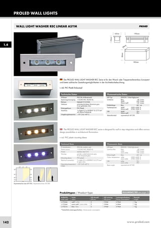www.proled.com142
PROLED WALL LIGHTS
WALL LIGHT WASHER REC LINEAR ASYM
Photometrische Daten
LED Typ: EDISON 1 Watt Highpower
Lichtstrom: Blau 40 Lumen
Weiß 200 Lumen
Warm weiß 140 Lumen
Wellenlänge: Blau 461 nm
Farbtemperatur: Weiß 5500–6500 K
Warm weiß 2700–3500 K
CRI: Weiß 70+
Warm weiß 70+
Abstrahlwinkel: asymmetrisch 45°/00
Photometric Data
LED type: EDISON 1 Watt high power
Luminous flux: blue 40 Lumen
white 200 Lumen
warm white 140 Lumen
Wave length: blue 461 nm
Colour temperature: white 5500–6500 K
warm white 2700–3500 K
CRI: white 70+
warm white 70+
Beam angle: asymmetrical 45°/00
The PROLED WALL LIGHT WASHER REC series is designed for wall or step integration and offers various
design possibilities in architectural illumination.
■ incl. PVC plastic mounting sleeve
Die PROLED WALL LIGHT WASHER REC Serie ist für den Wand- oder Treppenstufeneinbau konzipiert
und bietet zahlreiche Gestaltungsmöglichkeiten in der Architekturbeleuchtung.
■ inkl. PVC Plastik Einbautopf
Produkttypen / Product Type
Artikel-Nr. Farbe LED Anzahl LED Leistung Leistungsaufnahme* Gewicht
order code colour LED pcs LED power Power consumption* weight
weiß / white 3 3 Watt 4 Watt 1 kg
warm weiß / warm white 3 3 Watt 4 Watt 1 kg
blau / blue 3 3 Watt 4 Watt 1 kg
*Tatsächliche Leistungsaufnahme / Actual power consumption
Technische Daten
IP-Klasse: IP65 (für Außeneinsatz)
Spannungsversorgung: 110-240 VAC 50/60 Hz
Rahmen: Edelstahl 316 (V4A)
Gehäuse: pulverbeschichtetes Aluminium grau
6 mm gehärtetes Glas
Einbaugehäuse: PVC Plastik
Anschluss: 1x Kabel 0,5 m H05RN-F 3x 0,75 mm²
auf offenes Kabelende
Umgebungstemperatur: –10° C bis +45° C
Technical Data
IP classification: IP65 (for outdoor use)
Power source: 110-240 VAC 50/60 Hz
Frame: stainless steal 316
Housing: powder coated aluminium grey
6 mm tempered glass
Mounting sleeve: PVC plastic
Electrical connection: 1x cable 0,5 m H05RN-F 3x 0,75 mm²
to open wires
Operating temperature –10° C till +45° C
range:
Asymmetrische Linse 45°/00 / Asymmetrical lens 45°/00
1.4
EULUMDAT/IES see page 10
L17234A
L17236A
L17231A
 