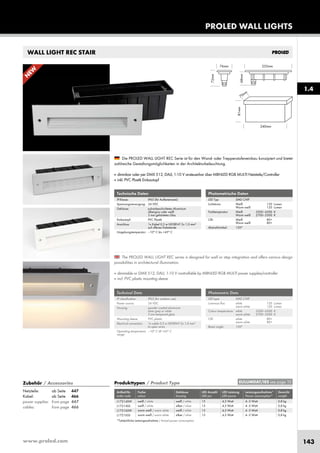 www.proled.com 143
PROLED WALL LIGHTS
WALL LIGHT REC STAIR
1.4
Photometrische Daten
LED Typ: SMD CHIP
Lichtstrom: Weiß 120 Lumen
Warm weiß 120 Lumen
Farbtemperatur: Weiß 5500–6500 K
Warm weiß 2700–3500 K
CRI: Weiß 80+
Warm weiß 80+
Abstrahlwinkel: 120°
Die PROLED WALL LIGHT REC Serie ist für den Wand- oder Treppenstufeneinbau konzipiert und bietet
zahlreiche Gestaltungsmöglichkeiten in der Architekturbeleuchtung.
■ dimmbar oder per DMX 512, DALI, 1-10 V ansteuerbar über MBNLED RGB MULTI Netzteile/Controller
■ inkl. PVC Plastik Einbautopf
*Tatsächliche Leistungsaufnahme / Actual power consumption
Technische Daten
IP-Klasse: IP65 (für Außeneinsatz)
Spannungsversorgung: 24 VDC
Gehäuse: pulverbeschichtetes Aluminium
silbergrau oder weiß
3 mm gehärtetes Glas
Einbautopf: PVC Plastik
Anschluss: 1x Kabel 0,5 m H05RN-F 2x 1,0 mm²
auf offenes Kabelende
Umgebungstemperatur: –10° C bis +45° C
Photometric Data
LED type: SMD CHIP
Luminous flux: white 120 Lumen
warm white 120 Lumen
Colour temperature: white 5500–6500 K
warm white 2700–3500 K
CRI: white 80+
warm white 80+
Beam angle: 120°
The PROLED WALL LIGHT REC series is designed for wall or step integration and offers various design
possibilities in architectural illumination.
■ dimmable or DMX 512, DALI, 1-10 V controllable by MBNLED RGB MULTI power supplies/controller
■ incl. PVC plastic mounting sleeve
Technical Data
IP classification: IP65 (for outdoor use)
Power source: 24 VDC
Housing: powder coated aluminium
silver grey or white
3 mm tempered glass
Mounting sleeve: PVC plastic
Electrical connection: 1x cable 0,5 m H05RN-F 2x 1,0 mm²
to open wires
Operating temperature –10° C till +45° C
range:
Produkttypen / Product Type
Artikel-Nr. Farbe Gehäuse LED Anzahl LED Leistung Leistungsaufnahme* Gewicht
order code colour housing LED pcs LED power Power consumption* weight
weiß / white weiß / white 15 4,5 Watt 4–5 Watt 0,8 kg
weiß / white silber / silver 15 4,5 Watt 4–5 Watt 0,8 kg
warm weiß / warm white weiß / white 15 4,5 Watt 4–5 Watt 0,8 kg
warm weiß / warm white silber / silver 15 4,5 Watt 4–5 Watt 0,8 kg
EULUMDAT/IES see page 10
L17214SW
L17214SS
L17216SW
L17216SS
N
EW
N
EW
Zubehör / Accessories
Netzteile: ab Seite 447
Kabel: ab Seite 466
power supplies: from page 447
cables: from page 466
 