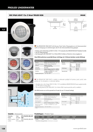 www.proled.com158
REC IP68 LIGHT 12x 2 Watt TRILED RGB
Photometrische Daten
LED Typ: HARVATEK RGB 3-in-1 LEDs 2 Watt
Lichtstrom: Rot 250 Lumen
Grün 500 Lumen
Blau 130 Lumen
R+G+B (weiß) 850 Lumen
Wellenlänge: Rot 620 nm
Grün 530 nm
Blau 466 nm
Abstrahlwinkel: 25°
Das PROLED REC IP68 LIGHT ist für Brunnen, Pools, Teiche, Wasserspiele, etc. als Unterwasserschein-
werfer zur Erzeugung von Lichtstimmungen oder für die Unterwasserbeleuchtung geeignet.
■ dimmbar,autom.Farbwechsel,perDMX512,DALI,1-10VansteuerbarüberMBNLEDRGBMULTINetzteile/Controller
■ inkl. PVC Plastik Einbautopf
■ Der Einbautopf für REC IP68 LIGHT 12x 2 Watt ist IP68. Er dichtet zur Wand ab, in die er eingebaut ist.
Diese IP68 Leuchte kann ausserhalb Wasser nicht länger als 15 Minuten betrieben werden (Kühlung).
Technische Daten
IP-Klasse: IP68 (für unter Wasser Einsatz - max. 1 m)
Spannungsversorgung: 24 VDC Common Cathode (CC)
Gehäuse: Edelstahl 316 (V4A)
10 mm gehärtetes Glas
Einbautopf: PVC Plastik
Belastbarkeit: Flächenbelastung von ø10 mm = 700 kg,
ø30 mm = 900 kg, ø60 mm = 1500 kg
Anschluss: 1x Kabel 3 m H05RN-F 4x 1,0 mm²
auf offenes Kabelende
Umgebungstemperatur: –10° C bis +40° C
Photometric Data
LED type: HARVATEK RGB 3-in-1 LEDs 2 Watt
Luminous flux: red 250 Lumen
green 500 Lumen
blue 130 Lumen
r+g+b (white) 850 Lumen
Wave length: red 620 nm
green 530 nm
blue 466 nm
Beam angle: 25°
The PROLED REC IP68 LIGHT is suitable as underwater spotlight for fountains, pools, ponds, water
gardens etc. for atmospheric or underwater lighting.
■ dimmable, autom. colour change, DMX 512, DALI, 1-10 V controllable by MBNLED RGB MULTI power supplies/controller
■ incl. PVC plastic mounting sleeve
■ The mounting sleeve for REC IP68 LIGHT 12x 2 Watt is IP68. It seals towards the wall it is installed in.
This IP68 luminaire can not be operated out of water for over 15 minutes (cooling).
Technical Data
IP classification: IP68 (for underwater use max. 1 m)
Power source: 24 VDC Common Cathode (CC)
Housing: stainless steal 316
10 mm tempered glass
Mounting sleeve: PVC plastic
Load capacity: exert force area of ø10 mm = 700 kg,
ø30 mm = 900 kg, ø60 mm = 1500 kg
Electrical connection: 1x cable 3 m H05RN-F 4x 1,0 mm²
to open wires
Operating temperature –10° C till +40° C
range:
Produkttypen / Product Type
Artikel-Nr. Farbe LED Anzahl LED Leistung Leistungsaufnahme* Gewicht
order code colour LED pcs LED power Power consumption* weight
RGB 12 24 Watt 24–26 Watt 2,1 kg
*Tatsächliche Leistungsaufnahme / Actual power consumption
PROLED UNDERWATER
1.5
Zubehör / Accessories
Netzteile: Seite 413, 416-418, 425, 431
Kabel: ab Seite 466
power supplies: page 413, 416-418, 425, 431
cables: from page 466
L13638
 