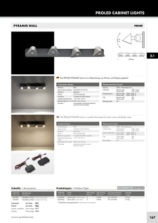 www.proled.com 167
PROLED CABINET LIGHTS
PYRAMID WALL
Technische Daten
IP-Klasse: IP30
Spannungsversorgung: Konstantstrom 350 mA
Gehäuse: silbergrau
Treiber: 350 mA (optional)
Anschluss: 1x Kabel mit 2-POL Stecker
Umgebungstemperatur: –10° C bis +45° C
Abmessungen (b x h x t): 220 x 35 x 55 mm
Dimmbar: mit speziellem Konstantstromdimmer
oder Konstantstromtreiber
Technical Data
IP classification: IP30
Power source: constant current 350 mA
Housing: silver grey
Driver: 350 mA (optional)
Electrical connection: 1x cable with 2-PIN connector
Operating temperature –10° C till +45° C
range:
Dimensions (w x h x d): 220 x 35 x 55 mm
Dimmable: with special constant current
dimmer or driver
Photometrische Daten
LED Typ: CREE 1 Watt Highpower
Lichtstrom: Neutral weiß 280 Lumen
Warm weiß 250 Lumen
Farbtemperatur: Neutral weiß 4000–5000 K
Warm weiß 3000–3500 K
CRI: Neutral weiß 80+
Warm weiß 80+
Abstrahlwinkel: 25°
Photometric Data
LED type: CREE 1 Watt high power
Luminous flux: neutral white 280 Lumen
warm white 250 Lumen
Colour temperature: neutral white 4000–5000 K
warm white 3000–3500 K
CRI: neutral white 80+
warm white 80+
Beam angle: 25°
The PROLED PYRAMID series is a perfect illumination for show cases and display cases.
Die PROLED PYRAMID Serie ist zur Beleuchtung von Vitrinen und Displays gedacht.
Produkttypen / Product Type
Artikel-Nr. Farbe LED Anzahl LED Leistung Leistungsaufnahme* Gewicht
order code colour LED pcs LED power Power consumption* weight
neutral weiß / neutral white 4 4 Watt 4,0–4,8 Watt 0,3 kg
warm weiß / warm white 4 4 Watt 4,0–4,8 Watt 0,3 kg
*Tatsächliche Leistungsaufnahme / Actual power consumption
2.1
EULUMDAT/IES see page 10
Netzteile: ab Seite 451
Kabel: ab Seite 466
power supplies: from page 451
cables: from page 466
L203W28
L203W26
Zubehör / Accessories
Artikel-Nr. Bezeichnung
order code description
Verteilerbox 6-fach / junction box 6-way
Verteilerbox 9-fach / junction box 9-way
L203Z06
L203Z09
 