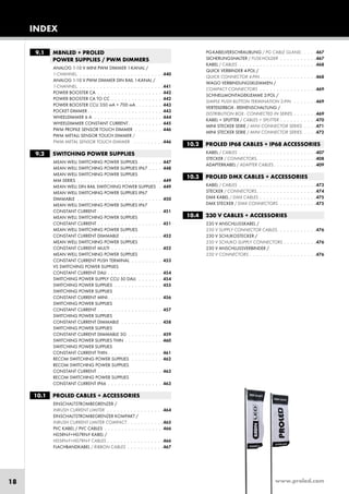 www.proled.com18
INDEX
www.proled.com
9.1 MBNLED + PROLED
POWER SUPPLIES / PWM DIMMERS
ANALOG 1-10 V MINI PWM DIMMER 1-KANAL /
1-CHANNEL. . . . . . . . . . . . . . . . . . . . . . . . . .440
ANALOG 1-10 V PWM DIMMER DIN RAIL 1-KANAL /
1-CHANNEL. . . . . . . . . . . . . . . . . . . . . . . . . .441
POWER BOOSTER CA . . . . . . . . . . . . . . . . . . . 442
POWER BOOSTER CA TO CC . . . . . . . . . . . . . . . 442
POWER BOOSTER CCU 350 mA + 700 mA. . . . . . . . 443
POCKET DIMMER . . . . . . . . . . . . . . . . . . . . . . 443
WHEELDIMMER 6 A . . . . . . . . . . . . . . . . . . . . 444
WHEELDIMMER CONSTANT CURRENT . . . . . . . . . . 445
PWM PROFILE SENSOR TOUCH DIMMER . . . . . . . . 446
PWM METALL SENSOR TOUCH DIMMER /
PWM METAL SENSOR TOUCH DIMMER . . . . . . . . .446
9.2 SWITCHING POWER SUPPLIES
MEAN WELL SWITCHING POWER SUPPLIES . . . . . . . 447
MEAN WELL SWITCHING POWER SUPPLIES IP67 . . . . 448
MEAN WELL SWITCHING POWER SUPPLIES
MM SERIES . . . . . . . . . . . . . . . . . . . . . . . . . 449
MEAN WELL DIN RAIL SWITCHING POWER SUPPLIES . 449
MEAN WELL SWITCHING POWER SUPPLIES IP67
DIMMABLE . . . . . . . . . . . . . . . . . . . . . . . . . 450
MEAN WELL SWITCHING POWER SUPPLIES IP67
CONSTANT CURRENT . . . . . . . . . . . . . . . . . . . 451
MEAN WELL SWITCHING POWER SUPPLIES
CONSTANT CURRENT . . . . . . . . . . . . . . . . . . . 451
MEAN WELL SWITCHING POWER SUPPLIES
CONSTANT CURRENT DIMMABLE . . . . . . . . . . . . 452
MEAN WELL SWITCHING POWER SUPPLIES
CONSTANT CURRENT MULTI . . . . . . . . . . . . . . . 452
MEAN WELL SWITCHING POWER SUPPLIES
CONSTANT CURRENT PUSH TERMINAL . . . . . . . . . 453
VS SWITCHING POWER SUPPLIES
CONSTANT CURRENT DALI . . . . . . . . . . . . . . . . 454
SWITCHING POWER SUPPLY CCU 50 DALI. . . . . . . . 454
SWITCHING POWER SUPPLIES . . . . . . . . . . . . . . 455
SWITCHING POWER SUPPLIES
CONSTANT CURRENT MINI . . . . . . . . . . . . . . . . 456
SWITCHING POWER SUPPLIES
CONSTANT CURRENT . . . . . . . . . . . . . . . . . . . 457
SWITCHING POWER SUPPLIES
CONSTANT CURRENT DIMMABLE . . . . . . . . . . . . 458
SWITCHING POWER SUPPLIES
CONSTANT CURRENT DIMMABLE 3G . . . . . . . . . . 459
SWITCHING POWER SUPPLIES THIN . . . . . . . . . . . 460
SWITCHING POWER SUPPLIES
CONSTANT CURRENT THIN . . . . . . . . . . . . . . . . 461
RECOM SWITCHING POWER SUPPLIES . . . . . . . . . 462
RECOM SWITCHING POWER SUPPLIES
CONSTANT CURRENT . . . . . . . . . . . . . . . . . . . 463
RECOM SWITCHING POWER SUPPLIES
CONSTANT CURRENT IP66 . . . . . . . . . . . . . . . . 463
10.1 PROLED CABLES + ACCESSORIES
EINSCHALTSTROMBEGRENZER /
INRUSH CURRENT LIMITER . . . . . . . . . . . . . . . . .464
EINSCHALTSTROMBEGRENZER KOMPAKT /
INRUSH CURRENT LIMITER COMPACT . . . . . . . . . . .465
PVC KABEL / PVC CABLES . . . . . . . . . . . . . . . . . 466
H05RN-F+H07RN-F KABEL /
H05RN-F+H07RN-F CABLES . . . . . . . . . . . . . . . . .466
FLACHBANDKABEL / RIBBON CABLES . . . . . . . . . . .467
PG-KABELVERSCHRAUBUNG / PG CABLE GLAND. . . . .467
SICHERUNGSHALTER / FUSE-HOLDER . . . . . . . . . . .467
KABEL / CABLES . . . . . . . . . . . . . . . . . . . . . . .468
QUICK VERBINDER 4-POL /
QUICK CONNECTOR 4-PIN . . . . . . . . . . . . . . . . .468
WAGO VERBINDUNGSKLEMMEN /
COMPACT CONNECTORS . . . . . . . . . . . . . . . . .469
SCHNELLMONTAGEKLEMME 2-POL /
SIMPLE PUSH BUTTON TERMINATION 2-PIN . . . . . . .469
VERTEILERBOX - REIHENSCHALTUNG /
DISTRIBUTION BOX - CONNECTED IN SERIES . . . . . . .469
KABEL + SPLITTER / CABLES + SPLITTER . . . . . . . . . . .470
MINI STECKER SERIE / MINI CONNECTOR SERIES . . . .471
MINI STECKER SERIE / MINI CONNECTOR SERIES . . . .472
10.2 PROLED IP68 CABLES + IP68 ACCESSORIES
KABEL / CABLES . . . . . . . . . . . . . . . . . . . . . . .407
STECKER / CONNECTORS. . . . . . . . . . . . . . . . . .408
ADAPTERKABEL / ADAPTER CABLES. . . . . . . . . . . . .409
10.3 PROLED DMX CABLES + ACCESSORIES
KABEL / CABLES . . . . . . . . . . . . . . . . . . . . . . .473
STECKER / CONNECTORS. . . . . . . . . . . . . . . . . .474
DMX KABEL / DMX CABLES . . . . . . . . . . . . . . . . .475
DMX STECKER / DMX CONNECTORS . . . . . . . . . . .475
10.4 230 V CABLES + ACCESSORIES
230 V ANSCHLUSSKABEL /
230 V SUPPLY CONNECTOR CABLES. . . . . . . . . . . .476
230 V SCHUKOSTECKER /
230 V SCHUKO SUPPLY CONNECTORS . . . . . . . . . .476
230 V ANSCHLUSSVERBINDER /
230 V CONNECTORS . . . . . . . . . . . . . . . . . . . .476
 