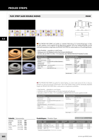 www.proled.com202
PROLED STRIPS
FLEX STRIP 5630 DOUBLE MONO
The PROLED FLEX STRIPS are perfect for indirect lighting, as custom made versions for fair or shop ap-
plications as well as for all kinds of illumination. Due to their shallow design and the individually adaptable
lengths the PROLED FLEX STRIPS offer a wide spectrum of application possibilities.
■ High flexibility – adaptable to round shapes.
■ Installation with 3M adhesive tape on the strip’s backside (self adhesive).
■ dimmable or DMX 512, DALI, 1-10 V controllable by MBNLED RGB MULTI power supplies/controller
Die PROLED FLEX STRIPS sind perfekt zur indirekten Beleuchtung, für Sonderanfertigungen im Mes-
se- oder Ladenbau und für jegliche Art der Beleuchtung geeignet. Durch ihre niedrige Baugröße und der
individuell anpassbaren Länge bieten die PROLED FLEX STRIPS ein weites Spektrum an Einsatzmöglichkeiten.
■ Hohe Flexibilität – anpassbar an runde Formen.
■ Befestigung durch 3M Klebeband auf der Strip Rückseite (selbstklebend).
■ dimmbar oder per DMX 512, DALI, 1-10 V ansteuerbar über MBNLED RGB MULTI Netzteile/Controller
Technische Daten
IP-Klasse: IP20
Spannungsversorgung: 24 VDC
Anschluss: 2x Kabel 2-POL auf offenes Kabelende
maximale Anzahl 2,52 m
pro Einspeisung:
Umgebungstemperatur: –10° C bis +45° C
Breite x Höhe: 20 x 2,5 mm
Trennbar: alle 6 LED (3,975 cm)
Technical Data
IP classification: IP20
Power source: 24 VDC
Electrical connection: 2x cable with 2-PIN to open wires
Maximum quantity 2,52 m
per power input:
Operating temperature –10° C till +45° C
range:
Width x height: 20 x 2,5 mm
Cuttable: all 6 LED (3,975 cm)
Photometrische Daten
LED Typ: SMD LEDs 5630
Lichtstrom: Weiß 3500 Lumen pro m
Neutral weiß 4200 Lumen pro m
Warm weiß 3900 Lumen pro m
2700 K 3500 Lumen pro m
Farbtemperatur: Weiß 6000–8000 K
Neutral weiß 4000–4500 K
Warm weiß 2900–3500 K
2700 K 2500–2800 K
CRI: Weiß 70+
Neutral weiß 70+
Warm weiß 60+
2700 K 60+
Abstrahlwinkel: 120°
Photometric Data
LED type: SMD LEDs 5630
Luminous flux: white 3500 Lumen per m
neutral white 4200 Lumen per m
warm white 3900 Lumen per m
2700 K 3500 Lumen per m
Colour temperature: white 6000–8000 K
neutral white 4000–4500 K
warm white 2900–3500 K
2700 K 2500–2800 K
CRI: white 70+
neutral white 70+
warm white 60+
2700 K 60+
Beam angle: 120°
Produkttypen / Product Type
Artikel-Nr. Farbe Länge LED Anzahl LED Leistung Leistungsaufnahme* Gewicht
order code colour length LED pcs LED power Power consumption* weight
2700 K / 2700 K 252 cm 378 126 Watt 110–126 Watt 0,2 kg
warm weiß / warm white 252 cm 378 126 Watt 110–126 Watt 0,2 kg
neutral weiß / neutral white 252 cm 378 126 Watt 110–126 Watt 0,2 kg
weiß / white 252 cm 378 126 Watt 110–126 Watt 0,2 kg
*Tatsächliche Leistungsaufnahme / Actual power consumption
2.2
EULUMDAT/IES see page 10Zubehör / Accessories
Netzteile: ab Seite 447
Kabel: ab Seite 466
Profile: ab Seite 248
power supplies: from page 447
cables: from page 466
profiles: from page 248
L681026D
L681006D
L681008D
L681004D
 