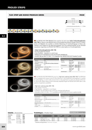 www.proled.com204
FLEX STRIP 600 MONO PREMIUM SERIES
PROLED STRIPS
The PROLED FLEX STRIP PREMIUM series has a high color rendering index (CRI > 90). The PREMIUM
series is equipped with constant current ICs (low tolerances in color temperature and brightness). It is perfect
for indirect lighting, as custom made versions for fair or shop applications as well as for all kinds of illuminati-
on. Due to their shallow design and the individually adaptable lengths the PROLED FLEX STRIPS offer a wide
spectrum of application possibilities.
■ High color rendering index (CRI > 90)
■ with constant current ICs
■ High flexibility – adaptable to round shapes.
■ Installation with 3M adhesive tape on the strip’s backside (self adhesive).
■ dimmable or DMX 512, DALI, 1-10 V controllable by MBNLED RGB MULTI power supplies/controller
Technische Daten
IP-Klasse: IP20
Spannungsversorgung: 24 VDC
Anschluss: 2x Kabel 2-POL auf offenes Kabelende
maximale Anzahl 5 m
pro Einspeisung:
Umgebungstemperatur: –10° C bis +45° C
Breite x Höhe: 12 x 2,5 mm
Trennbar: alle 6 LEDs (10 cm)
Photometrische Daten
LED Typ: SMD CHIP
Lichtstrom: Neutral weiß 480 Lumen pro m
Warm weiß 480 Lumen pro m
2700 K 490 Lumen pro m
Farbtemperatur: Neutral weiß 4000–4500 K
Warm weiß 2900–3500 K
2700 K 2500–2800 K
CRI: Neutral weiß 90+
Warm weiß 90+
2700 K 90+
Abstrahlwinkel: 120°
Technical Data
IP classification: IP20
Power source: 24 VDC
Electrical connection: 2x cable with 2-PIN to open wires
Maximum quantity 5 m
per power input:
Operating temperature –10° C till +45° C
range:
Width x height: 12 x 2,5 mm
Cuttable: all 6 LEDs (10 cm)
Photometric Data
LED type: SMD CHIP
Luminous flux: neutral white 480 Lumen per m
warm white 480 Lumen per m
2700 K 490 Lumen per m
Colour temperature: neutral white 4000–4500 K
warm white 2900–3500 K
2700 K 2500–2800 K
CRI: neutral white 90+
warm white 90+
2700 K 90+
Beam angle: 120°
Produkttypen / Product Type
Artikel-Nr. Farbe Länge LED Anzahl LED Leistung Leistungsaufnahme* Gewicht
order code colour length LED pcs LED power Power consumption* weight
2700 K / 2700 K 500 cm 600 48 Watt 40–48 Watt 0,13 kg
warm weiß / warm white 500 cm 600 48 Watt 40–48 Watt 0,13 kg
neutral weiß / neutral white 500 cm 600 48 Watt 40–48 Watt 0,13 kg
*Tatsächliche Leistungsaufnahme / Actual power consumption
Die PROLED FLEX STRIP PREMIUM Serie zeichnet sich durch einen hohen Farbwiedergabeindex
(CRI > 90) aus. Ebenso ist die PREMIUM Serie mit Stromquellenchips bestückt (niedrige Toleranz in Farbtem-
peratur und Helligkeit). Sie ist perfekt zur indirekten Beleuchtung, für Sonderanfertigungen im Messe- oder
Ladenbau und für jegliche Art der Beleuchtung geeignet. Durch ihre niedrige Baugröße und der individuell
anpassbaren Länge bieten die PROLED FLEX STRIPS ein weites Spektrum an Einsatzmöglichkeiten.
■ Hoher Farbwiedergabeindex (CRI > 90).
■ Mit Stromquellenchips bestückt.
■ Hohe Flexibilität – anpassbar an runde Formen.
■ Befestigung durch 3M Klebeband auf der Strip Rückseite (selbstklebend).
■ dimmbar oder per DMX 512, DALI, 1-10 V ansteuerbar über MBNLED RGB MULTI Netzteile/Controller
2.2
EULUMDAT/IES see page 10Zubehör / Accessories
Netzteile: ab Seite 447
Kabel: ab Seite 466
Profile: ab Seite 248
power supplies: from page 447
cables: from page 466
profiles: from page 248
L6626P
L6606P
L6608P
 