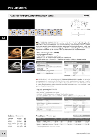 www.proled.com206
FLEX STRIP HD DOUBLE MONO PREMIUM SERIES
PROLED STRIPS
The PROLED FLEX STRIP PREMIUM series has a high color rendering index (CRI > 90). The PREMIUM
series is equipped with constant current ICs (low tolerances in color temperature and brightness). It is perfect
for indirect lighting, as custom made versions for fair or shop applications as well as for all kinds of illuminati-
on. Due to their shallow design and the individually adaptable lengths the PROLED FLEX STRIPS offer a wide
spectrum of application possibilities.
■ High color rendering index (CRI > 90)
■ with constant current ICs
■ High flexibility – adaptable to round shapes.
■ Installation with 3M adhesive tape on the strip’s backside (self adhesive).
■ dimmable or DMX 512, DALI, 1-10 V controllable by MBNLED RGB MULTI power supplies/controller
Technische Daten
IP-Klasse: IP20
Spannungsversorgung: 24 VDC
Anschluss: 2x Kabel 2-POL auf offenes Kabelende
maximale Anzahl 5 m
pro Einspeisung:
Umgebungstemperatur: –10° C bis +45° C
Breite x Höhe: 20 x 2,5 mm
Trennbar: alle 6 LEDs (5 cm)
Photometrische Daten
LED Typ: SMD LEDs ULTRA BRIGHT (3-in-1)
Lichtstrom: Neutral weiß 1300 Lumen pro m
Warm weiß 1000 Lumen pro m
2700 K 1000 Lumen pro m
Farbtemperatur: Neutral weiß 4000–4500 K
Warm weiß 2900–3500 K
2700 K 2500–2800 K
CRI: Neutral weiß 90+
Warm weiß 90+
2700 K 90+
Abstrahlwinkel: 120°
Technical Data
IP classification: IP20
Power source: 24 VDC
Electrical connection: 2x cable with 2-PIN to open wires
Maximum quantity 5 m
per power input:
Operating temperature –10° C till +45° C
range:
Width x height: 20 x 2,5 mm
Cuttable: all 6 LEDs (5 cm)
Photometric Data
LED type: SMD LEDs ULTRA BRIGHT (3-in-1)
Luminous flux: neutral white 1300 Lumen per m
warm white 1000 Lumen per m
2700 K 1000 Lumen per m
Colour temperature: neutral white 4000–4500 K
warm white 2900–3500 K
2700 K 2500–2800 K
CRI: neutral white 90+
warm white 90+
2700 K 90+
Beam angle: 120°
Produkttypen / Product Type
Artikel-Nr. Farbe Länge LED Anzahl LED Leistung Leistungsaufnahme* Gewicht
order code colour length LED pcs LED power Power consumption* weight
2700 K / 2700 K 500 cm 600 144 Watt 120–144 Watt 0,27 kg
warm weiß / warm white 500 cm 600 144 Watt 120–144 Watt 0,27 kg
neutral weiß / neutral white 500 cm 600 144 Watt 120–144 Watt 0,27 kg
*Tatsächliche Leistungsaufnahme / Actual power consumption
Die PROLED FLEX STRIP PREMIUM Serie zeichnet sich durch einen hohen Farbwiedergabeindex
(CRI > 90) aus. Ebenso ist die PREMIUM Serie mit Stromquellenchips bestückt (niedrige Toleranz in Farbtem-
peratur und Helligkeit). Sie ist perfekt zur indirekten Beleuchtung, für Sonderanfertigungen im Messe- oder
Ladenbau und für jegliche Art der Beleuchtung geeignet. Durch ihre niedrige Baugröße und der individuell
anpassbaren Länge bieten die PROLED FLEX STRIPS ein weites Spektrum an Einsatzmöglichkeiten.
■ Hoher Farbwiedergabeindex (CRI > 90).
■ Mit Stromquellenchips bestückt.
■ Hohe Flexibilität – anpassbar an runde Formen.
■ Befestigung durch 3M Klebeband auf der Strip Rückseite (selbstklebend).
■ dimmbar oder per DMX 512, DALI, 1-10 V ansteuerbar über MBNLED RGB MULTI Netzteile/Controller
2.2
EULUMDAT/IES see page 10Zubehör / Accessories
Netzteile: ab Seite 447
Kabel: ab Seite 466
Profile: ab Seite 248
power supplies: from page 447
cables: from page 466
profiles: from page 248
L6526DP
L6506DP
L6508DP
 