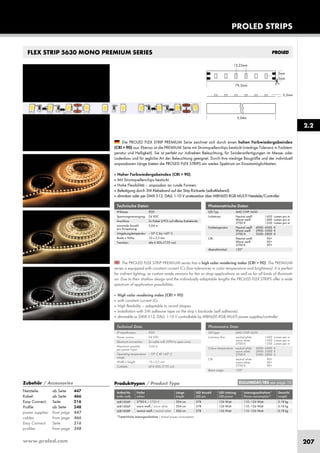 www.proled.com 207
PROLED STRIPS
FLEX STRIP 5630 MONO PREMIUM SERIES
The PROLED FLEX STRIP PREMIUM series has a high color rendering index (CRI > 90). The PREMIUM
series is equipped with constant current ICs (low tolerances in color temperature and brightness). It is perfect
for indirect lighting, as custom made versions for fair or shop applications as well as for all kinds of illuminati-
on. Due to their shallow design and the individually adaptable lengths the PROLED FLEX STRIPS offer a wide
spectrum of application possibilities.
■ High color rendering index (CRI > 90)
■ with constant current ICs
■ High flexibility – adaptable to round shapes.
■ Installation with 3M adhesive tape on the strip’s backside (self adhesive).
■ dimmable or DMX 512, DALI, 1-10 V controllable by MBNLED RGB MULTI power supplies/controller
Technische Daten
IP-Klasse: IP20
Spannungsversorgung: 24 VDC
Anschluss: 2x Kabel 2-POL auf offenes Kabelende
maximale Anzahl 5,04 m
pro Einspeisung:
Umgebungstemperatur: –10° C bis +45° C
Breite x Höhe: 10 x 2,5 mm
Trennbar: alle 6 LEDs (7,95 cm)
Photometrische Daten
LED Typ: SMD CHIP 5630
Lichtstrom: Neutral weiß 1450 Lumen pro m
Warm weiß 1400 Lumen pro m
2700 K 1350 Lumen pro m
Farbtemperatur: Neutral weiß 4000–4500 K
Warm weiß 2900–3500 K
2700 K 2500–2800 K
CRI: Neutral weiß 90+
Warm weiß 90+
2700 K 90+
Abstrahlwinkel: 120°
Technical Data
IP classification: IP20
Power source: 24 VDC
Electrical connection: 2x cable with 2-PIN to open wires
Maximum quantity 5,04 m
per power input:
Operating temperature –10° C till +45° C
range:
Width x height: 10 x 2,5 mm
Cuttable: all 6 LEDs (7,95 cm)
Photometric Data
LED type: SMD CHIP 5630
Luminous flux: neutral white 1450 Lumen per m
warm white 1400 Lumen per m
2700 K 1350 Lumen per m
Colour temperature: neutral white 4000–4500 K
warm white 2900–3500 K
2700 K 2500–2800 K
CRI: neutral white 90+
warm white 90+
2700 K 90+
Beam angle: 120°
Produkttypen / Product Type
Artikel-Nr. Farbe Länge LED Anzahl LED Leistung Leistungsaufnahme* Gewicht
order code colour length LED pcs LED power Power consumption* weight
2700 K / 2700 K 504 cm 378 126 Watt 110–126 Watt 0,18 kg
warm weiß / warm white 504 cm 378 126 Watt 110–126 Watt 0,18 kg
neutral weiß / neutral white 504 cm 378 126 Watt 110–126 Watt 0,18 kg
*Tatsächliche Leistungsaufnahme / Actual power consumption
Die PROLED FLEX STRIP PREMIUM Serie zeichnet sich durch einen hohen Farbwiedergabeindex
(CRI > 90) aus. Ebenso ist die PREMIUM Serie mit Stromquellenchips bestückt (niedrige Toleranz in Farbtem-
peratur und Helligkeit). Sie ist perfekt zur indirekten Beleuchtung, für Sonderanfertigungen im Messe- oder
Ladenbau und für jegliche Art der Beleuchtung geeignet. Durch ihre niedrige Baugröße und der individuell
anpassbaren Länge bieten die PROLED FLEX STRIPS ein weites Spektrum an Einsatzmöglichkeiten.
■ Hoher Farbwiedergabeindex (CRI > 90).
■ Mit Stromquellenchips bestückt.
■ Hohe Flexibilität – anpassbar an runde Formen.
■ Befestigung durch 3M Klebeband auf der Strip Rückseite (selbstklebend).
■ dimmbar oder per DMX 512, DALI, 1-10 V ansteuerbar über MBNLED RGB MULTI Netzteile/Controller
2.2
EULUMDAT/IES see page 10Zubehör / Accessories
Netzteile: ab Seite 447
Kabel: ab Seite 466
Easy Connect: Seite 216
Profile: ab Seite 248
power supplies: from page 447
cables: from page 466
Easy Connect: Seite 216
profiles: from page 248
L681026P
L681006P
L681008P
 
