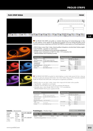 www.proled.com 213
FLEX STRIP RGBA
PROLED STRIPS
The PROLED FLEX STRIPS are perfect for indirect lighting, as custom made versions for fair or shop ap-
plications as well as for all kinds of illumination. Due to their shallow design and the individually adaptable
lengths the PROLED FLEX STRIPS offer a wide spectrum of application possibilities.
■ RGB (3 colours on one chip) + amber. Larger colour range and real amber colours possible.
■ High flexibility – adaptable to round shapes.
■ Installation with 3M adhesive tape on the strip’s backside (self adhesive).
■ dimmable, autom. colour change, DMX 512, DALI, 1-10 V controllable by
MBNLED RGBAW MULTI power supplies/controller
Die PROLED FLEX STRIPS sind perfekt zur indirekten Beleuchtung, für Sonderanfertigungen im Mes-
se- oder Ladenbau und für jegliche Art der Beleuchtung geeignet. Durch ihre niedrige Baugröße und der
individuell anpassbaren Länge bieten die PROLED FLEX STRIPS ein weites Spektrum an Einsatzmöglichkeiten.
■ RGB (3 Farben in einem Chip) + Amber. Dadurch größeres Farbspektrum und echte Amber Farbtöne möglich.
■ Hohe Flexibilität – anpassbar an runde Formen.
■ Befestigung durch 3M Klebeband auf der Strip Rückseite (selbstklebend).
■ dimmbar, autom. Farbwechsel, per DMX 512, DALI, 1-10 V ansteuerbar über
MBNLED RGBAW MULTI Netzteile/Controller
Technische Daten
IP-Klasse: IP20
Spannungsversorgung: 24 VDC Common Anode (CA)
Anschluss: 2x Kabel 5-POL auf offenes Kabelende
maximale Anzahl 5 m
pro Einspeisung:
Umgebungstemperatur: –10° C bis +45° C
Breite x Höhe: 12 x 2,5 mm
Trennbar: alle 12 LEDs (16,7 cm)
Technical Data
IP classification: IP20
Power source: 24 VDC Common Anode (CA)
Electrical connection: 2x cable with 5-PIN to open wires
Maximum quantity 5 m
per power input:
Operating temperature –10° C till +45° C
range:
Width x height: 12 x 2,5 mm
Cuttable: all 12 LEDs (16,7 cm)
Photometrische Daten
LED Typ: SMD RGB 3-in-1 LEDs und
SMD LEDs ULTRA BRIGHT (3-in-1)
Lichtstrom: Rot 40 Lumen pro m
Grün 120 Lumen pro m
Blau 30 Lumen pro m
Amber 140 Lumen pro m
R+G+B+A 330 Lumen pro m
Wellenlänge: Rot 623 nm
Grün 523 nm
Blau 464 nm
Amber 593 nm
Abstrahlwinkel: 120°
Photometric Data
LED type: SMD RGB 3-in-1 LEDs and
SMD LEDs ULTRA BRIGHT (3-in-1)
Luminous flux: red 40 Lumen per m
green 120 Lumen per m
blue 30 Lumen per m
amber 140 Lumen per m
r+g+b+a 330 Lumen per m
Wave length: red 623 nm
green 523 nm
blue 464 nm
amber 593 nm
Beam angle: 120°
Produkttypen / Product Type
Artikel-Nr. Farbe Länge LED Anzahl LED Leistung Leistungsaufnahme* Gewicht
order code colour length LED pcs LED power Power consumption* weight
RGBA 500 cm 360 86,4 Watt 64,8–86,4 Watt 0,12 kg
*Tatsächliche Leistungsaufnahme / Actual power consumption
2.2
EULUMDAT/IES see page 10Zubehör / Accessories
Netzteile: Seite 414, 419, 428-429
Kabel: ab Seite 466
Profile: ab Seite 248
power supplies: page 414, 419, 428-429
cables: from page 466
profiles: from page 248
L65D7A
 