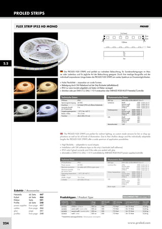 www.proled.com224
PROLED STRIPS
FLEX STRIP IP53 HD MONO
The PROLED FLEX STRIPS are perfect for indirect lighting, as custom made versions for fair or shop ap-
plications as well as for all kinds of illumination. Due to their shallow design and the individually adaptable
lengths the PROLED FLEX STRIPS offer a wide spectrum of application possibilities.
■ High flexibility – adaptable to round shapes.
■ Installation with 3M adhesive tape on the strip’s backside (self adhesive).
■ IP53 only if glued correctly and if the sides are sealed with glue.
■ dimmable or DMX 512, DALI, 1-10 V controllable by MBNLED RGB MULTI power supplies/controller
Die PROLED FLEX STRIPS sind perfekt zur indirekten Beleuchtung, für Sonderanfertigungen im Mes-
se- oder Ladenbau und für jegliche Art der Beleuchtung geeignet. Durch ihre niedrige Baugröße und der
individuell anpassbaren Länge bieten die PROLED FLEX STRIPS ein weites Spektrum an Einsatzmöglichkeiten.
■ Hohe Flexibilität – anpassbar an runde Formen.
■ Befestigung durch 3M Klebeband auf der Strip Rückseite (selbstklebend).
■ IP53 nur wenn korrekt aufgeklebt und Seiten mit Kleber versiegelt.
■ dimmbar oder per DMX 512, DALI, 1-10 V ansteuerbar über MBNLED RGB MULTI Netzteile/Controller
Technische Daten
IP-Klasse: IP53
Spannungsversorgung: 24 VDC
Anschluss: 2x Kabel 2-POL auf offenes Kabelende
maximale Anzahl 5 m
pro Einspeisung:
Umgebungstemperatur: –10° C bis +45° C
Breite x Höhe: 10 x 3 mm
Trennbar: alle 6 LEDs (10 cm)
Technical Data
IP classification: IP53
Power source: 24 VDC
Electrical connection: 2x cable with 2-PIN to open wires
Maximum quantity 5 m
per power input:
Operating temperature –10° C till +45° C
range:
Width x height: 10 x 3 mm
Cuttable: all 6 LEDs (10 cm)
Photometrische Daten
LED Typ: SMD LEDs ULTRA BRIGHT (3-in-1)
Lichtstrom: Weiß 850 Lumen pro m
Neutral weiß 1050 Lumen pro m
Warm weiß 1050 Lumen pro m
2700 K 1050 Lumen pro m
Farbtemperatur: Weiß 6000–8000 K
Neutral weiß 4000–4500 K
Warm weiß 2900–3500 K
2700 K 2500–2800 K
CRI: Weiß 70+
Neutral weiß 70+
Warm weiß 60+
2700 K 60+
Abstrahlwinkel: 120°
Photometric Data
LED type: SMD LEDs ULTRA BRIGHT (3-in-1)
Luminous flux: white 850 Lumen per m
neutral white 1050 Lumen per m
warm white 1050 Lumen per m
2700 K 1050 Lumen per m
Colour temperature: white 6000–8000 K
neutral white 4000–4500 K
warm white 2900–3500 K
2700 K 2500–2800 K
CRI: white 70+
neutral white 70+
warm white 60+
2700 K 60+
Beam angle: 120°
Produkttypen / Product Type
Artikel-Nr. Farbe Länge LED Anzahl LED Leistung Leistungsaufnahme* Gewicht
order code colour length LED pcs LED power Power consumption* weight
2700 K / 2700 K 500 cm 300 72 Watt 54–72 Watt 0,26 kg
warm weiß / warm white 500 cm 300 72 Watt 54–72 Watt 0,26 kg
neutral weiß / neutral white 500 cm 300 72 Watt 54–72 Watt 0,26 kg
weiß / white 500 cm 300 72 Watt 54–72 Watt 0,26 kg
*Tatsächliche Leistungsaufnahme / Actual power consumption
2.2
EULUMDAT/IES see page 10
L65426
L65406
L65408
L65404
Zubehör / Accessories
Netzteile: ab Seite 447
Kabel: ab Seite 466
Kleber: Seite 241
Profile: ab Seite 248
power supplies: from page 447
cables: from page 466
glue: page 241
profiles: from page 248
 