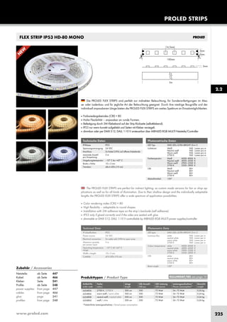 www.proled.com 225
PROLED STRIPS
FLEX STRIP IP53 HD-80 MONO
The PROLED FLEX STRIPS are perfect for indirect lighting, as custom made versions for fair or shop ap-
plications as well as for all kinds of illumination. Due to their shallow design and the individually adaptable
lengths the PROLED FLEX STRIPS offer a wide spectrum of application possibilities.
■ Color rendering index (CRI) > 80
■ High flexibility – adaptable to round shapes.
■ Installation with 3M adhesive tape on the strip’s backside (self adhesive).
■ IP53 only if glued correctly and if the sides are sealed with glue.
■ dimmable or DMX 512, DALI, 1-10 V controllable by MBNLED RGB MULTI power supplies/controller
Die PROLED FLEX STRIPS sind perfekt zur indirekten Beleuchtung, für Sonderanfertigungen im Mes-
se- oder Ladenbau und für jegliche Art der Beleuchtung geeignet. Durch ihre niedrige Baugröße und der
individuell anpassbaren Länge bieten die PROLED FLEX STRIPS ein weites Spektrum an Einsatzmöglichkeiten.
■ Farbwiedergabeindex (CRI) > 80
■ Hohe Flexibilität – anpassbar an runde Formen.
■ Befestigung durch 3M Klebeband auf der Strip Rückseite (selbstklebend).
■ IP53 nur wenn korrekt aufgeklebt und Seiten mit Kleber versiegelt.
■ dimmbar oder per DMX 512, DALI, 1-10 V ansteuerbar über MBNLED RGB MULTI Netzteile/Controller
Technische Daten
IP-Klasse: IP53
Spannungsversorgung: 24 VDC
Anschluss: 2x Kabel 2-POL auf offenes Kabelende
maximale Anzahl 5 m
pro Einspeisung:
Umgebungstemperatur: –10° C bis +45° C
Breite x Höhe: 10 x 3 mm
Trennbar: alle 6 LEDs (10 cm)
Technical Data
IP classification: IP53
Power source: 24 VDC
Electrical connection: 2x cable with 2-PIN to open wires
Maximum quantity 5 m
per power input:
Operating temperature –10° C till +45° C
range:
Width x height: 10 x 3 mm
Cuttable: all 6 LEDs (10 cm)
Photometrische Daten
LED Typ: SMD LEDs ULTRA BRIGHT (3-in-1)
Lichtstrom: Weiß 960 Lumen pro m
Neutral weiß 960 Lumen pro m
Warm weiß 960 Lumen pro m
2700 K 960 Lumen pro m
Farbtemperatur: Weiß 6000–8000 K
Neutral weiß 4000–4500 K
Warm weiß 2900–3500 K
2700 K 2500–2800 K
CRI: Weiß 80+
Neutral weiß 80+
Warm weiß 80+
2700 K 80+
Abstrahlwinkel: 120°
Photometric Data
LED type: SMD LEDs ULTRA BRIGHT (3-in-1)
Luminous flux: white 960 Lumen per m
neutral white 960 Lumen per m
warm white 960 Lumen per m
2700 K 960 Lumen per m
Colour temperature: white 6000–8000 K
neutral white 4000–4500 K
warm white 2900–3500 K
2700 K 2500–2800 K
CRI: white 80+
neutral white 80+
warm white 80+
2700 K 80+
Beam angle: 120°
Produkttypen / Product Type
Artikel-Nr. Farbe Länge LED Anzahl LED Leistung Leistungsaufnahme* Gewicht
order code colour length LED pcs LED power Power consumption* weight
2700 K / 2700 K 500 cm 300 72 Watt 54–72 Watt 0,26 kg
warm weiß / warm white 500 cm 300 72 Watt 54–72 Watt 0,26 kg
neutral weiß / neutral white 500 cm 300 72 Watt 54–72 Watt 0,26 kg
weiß / white 500 cm 300 72 Watt 54–72 Watt 0,26 kg
*Tatsächliche Leistungsaufnahme / Actual power consumption
2.2
EULUMDAT/IES see page 10
L654826
L654806
L654808
L654804
N
EW
Zubehör / Accessories
Netzteile: ab Seite 447
Kabel: ab Seite 466
Kleber: Seite 241
Profile: ab Seite 248
power supplies: from page 447
cables: from page 466
glue: page 241
profiles: from page 248
 