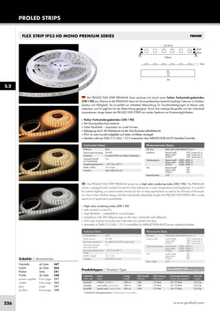 www.proled.com226
PROLED STRIPS
FLEX STRIP IP53 HD MONO PREMIUM SERIES
The PROLED FLEX STRIP PREMIUM series has a high color rendering index (CRI > 90). The PREMIUM
series is equipped with constant current ICs (low tolerances in color temperature and brightness). It is perfect
for indirect lighting, as custom made versions for fair or shop applications as well as for all kinds of illuminati-
on. Due to their shallow design and the individually adaptable lengths the PROLED FLEX STRIPS offer a wide
spectrum of application possibilities.
■ High color rendering index (CRI > 90)
■ with constant current ICs
■ High flexibility – adaptable to round shapes.
■ Installation with 3M adhesive tape on the strip’s backside (self adhesive).
■ IP53 only if glued correctly and if the sides are sealed with glue.
■ dimmable or DMX 512, DALI, 1-10 V controllable by MBNLED RGB MULTI power supplies/controller
Technische Daten
IP-Klasse: IP53
Spannungsversorgung: 24 VDC
Anschluss: 2x Kabel 2-POL auf offenes Kabelende
maximale Anzahl 5 m
pro Einspeisung:
Umgebungstemperatur: –10° C bis +45° C
Breite x Höhe: 12 x 3 mm
Trennbar: alle 6 LEDs (10 cm)
Photometrische Daten
LED Typ: SMD LEDs ULTRA BRIGHT (3-in-1)
Lichtstrom: Neutral weiß 670 Lumen pro m
Warm weiß 560 Lumen pro m
2700 K 560 Lumen pro m
Farbtemperatur: Neutral weiß 4000–4500 K
Warm weiß 2900–3500 K
2700 K 2500–2800 K
CRI: Neutral weiß 90+
Warm weiß 90+
2700 K 90+
Abstrahlwinkel: 120°
Technical Data
IP classification: IP53
Power source: 24 VDC
Electrical connection: 2x cable with 2-PIN to open wires
Maximum quantity 5 m
per power input:
Operating temperature –10° C till +45° C
range:
Width x height: 12 x 3 mm
Cuttable: all 6 LEDs (10 cm)
Photometric Data
LED type: SMD LEDs ULTRA BRIGHT (3-in-1)
Luminous flux: neutral white 670 Lumen per m
warm white 560 Lumen per m
2700 K 560 Lumen per m
Colour temperature: neutral white 4000–4500 K
warm white 2900–3500 K
2700 K 2500–2800 K
CRI: neutral white 90+
warm white 90+
2700 K 90+
Beam angle: 120°
Produkttypen / Product Type
Artikel-Nr. Farbe Länge LED Anzahl LED Leistung Leistungsaufnahme* Gewicht
order code colour length LED pcs LED power Power consumption* weight
2700 K / 2700 K 500 cm 300 72 Watt 54–72 Watt 0,27 kg
warm weiß / warm white 500 cm 300 72 Watt 54–72 Watt 0,27 kg
neutral weiß / neutral white 500 cm 300 72 Watt 54–72 Watt 0,27 kg
*Tatsächliche Leistungsaufnahme / Actual power consumption
Die PROLED FLEX STRIP PREMIUM Serie zeichnet sich durch einen hohen Farbwiedergabeindex
(CRI > 90) aus. Ebenso ist die PREMIUM Serie mit Stromquellenchips bestückt (niedrige Toleranz in Farbtem-
peratur und Helligkeit). Sie ist perfekt zur indirekten Beleuchtung, für Sonderanfertigungen im Messe- oder
Ladenbau und für jegliche Art der Beleuchtung geeignet. Durch ihre niedrige Baugröße und der individuell
anpassbaren Länge bieten die PROLED FLEX STRIPS ein weites Spektrum an Einsatzmöglichkeiten.
■ Hoher Farbwiedergabeindex (CRI > 90).
■ Mit Stromquellenchips bestückt.
■ Hohe Flexibilität – anpassbar an runde Formen.
■ Befestigung durch 3M Klebeband auf der Strip Rückseite (selbstklebend).
■ IP53 nur wenn korrekt aufgeklebt und Seiten mit Kleber versiegelt.
■ dimmbar oder per DMX 512, DALI, 1-10 V ansteuerbar über MBNLED RGB MULTI Netzteile/Controller
2.2
EULUMDAT/IES see page 10
L65426P
L65406P
L65408P
Zubehör / Accessories
Netzteile: ab Seite 447
Kabel: ab Seite 466
Kleber: Seite 241
Profile: ab Seite 248
power supplies: from page 447
cables: from page 466
glue: page 241
profiles: from page 248
 