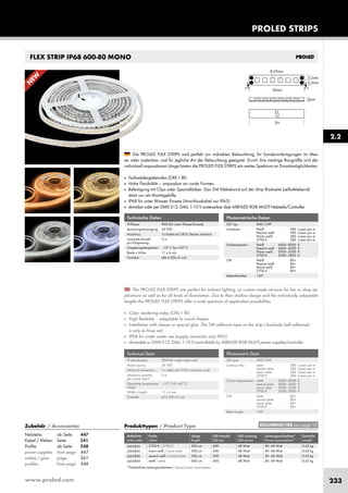 www.proled.com 233
PROLED STRIPS
2.2
Photometrische Daten
LED Typ: SMD CHIP
Lichtstrom: Weiß 580 Lumen pro m
Neutral weiß 580 Lumen pro m
Warm weiß 580 Lumen pro m
2700 K 580 Lumen pro m
Farbtemperatur: Weiß 6000–8000 K
Neutral weiß 4000–4500 K
Warm weiß 2900–3500 K
2700 K 2500–2800 K
CRI: Weiß 80+
Neutral weiß 80+
Warm weiß 80+
2700 K 80+
Abstrahlwinkel: 120°
Photometric Data
LED type: SMD CHIP
Luminous flux: white 580 Lumen per m
neutral white 580 Lumen per m
warm white 580 Lumen per m
2700 K 580 Lumen per m
Colour temperature: white 6000–8000 K
neutral white 4000–4500 K
warm white 2900–3500 K
2700 K 2500–2800 K
CRI: white 80+
neutral white 80+
warm white 80+
2700 K 80+
Beam angle: 120°
FLEX STRIP IP68 600-80 MONO
The PROLED FLEX STRIPS are perfect for indirect lighting, as custom made versions for fair or shop ap-
plications as well as for all kinds of illumination. Due to their shallow design and the individually adaptable
lengths the PROLED FLEX STRIPS offer a wide spectrum of application possibilities.
■ Color rendering index (CRI) > 80
■ High flexibility – adaptable to round shapes.
■ Installation with clamps or special glue. The 3M adhesive tape on the strip’s backside (self adhesive)
is only as fit-up aid.
■ IP68 for under water use (supply connector only IP65)
■ dimmable or DMX 512, DALI, 1-10 V controllable by MBNLED RGB MULTI power supplies/controller
Technische Daten
IP-Klasse: IP68 (für unter Wasser-Einsatz)
Spannungsversorgung: 24 VDC
Anschluss: 1x Kabel mit 2-POL Stecker männlich
maximale Anzahl 5 m
pro Einspeisung:
Umgebungstemperatur: –10° C bis +45° C
Breite x Höhe: 11 x 6 mm
Trennbar: alle 6 LEDs (5 cm)
Technical Data
IP classification: IP68 (for under water use)
Power source: 24 VDC
Electrical connection: 1x cable with 2-PIN connector male
Maximum quantity 5 m
per power input:
Operating temperature –10° C till +45° C
range:
Width x height: 11 x 6 mm
Cuttable: all 6 LEDs (5 cm)
Produkttypen / Product Type
Artikel-Nr. Farbe Länge LED Anzahl LED Leistung Leistungsaufnahme* Gewicht
order code colour length LED pcs LED power Power consumption* weight
2700 K / 2700 K 500 cm 600 48 Watt 40–48 Watt 0,42 kg
warm weiß / warm white 500 cm 600 48 Watt 40–48 Watt 0,42 kg
neutral weiß / neutral white 500 cm 600 48 Watt 40–48 Watt 0,42 kg
weiß / white 500 cm 600 48 Watt 40–48 Watt 0,42 kg
*Tatsächliche Leistungsaufnahme / Actual power consumption
Die PROLED FLEX STRIPS sind perfekt zur indirekten Beleuchtung, für Sonderanfertigungen im Mes-
se- oder Ladenbau und für jegliche Art der Beleuchtung geeignet. Durch ihre niedrige Baugröße und der
individuell anpassbaren Länge bieten die PROLED FLEX STRIPS ein weites Spektrum an Einsatzmöglichkeiten.
■ Farbwiedergabeindex (CRI) > 80
■ Hohe Flexibilität – anpassbar an runde Formen.
■ Befestigung mit Clips oder Spezialkleber. Das 3M Klebeband auf der Strip Rückseite (selbstklebend)
dient nur als Montagehilfe.
■ IP68 für unter Wasser Einsatz (Anschlusskabel nur IP65)
■ dimmbar oder per DMX 512, DALI, 1-10 V ansteuerbar über MBNLED RGB MULTI Netzteile/Controller
EULUMDAT/IES see page 10Zubehör / Accessories
Netzteile: ab Seite 447
Kabel / Kleber: Seite 241
Profile: ab Seite 248
power supplies: from page 447
cables / glue: page 241
profiles: from page 248
L665826
L665806
L665808
L665804
Die PROLED FLEX STRIPS sind perfekt zur indirekten Beleuchtung, für Sonderanfertigungen im Mes-
N
EW
 