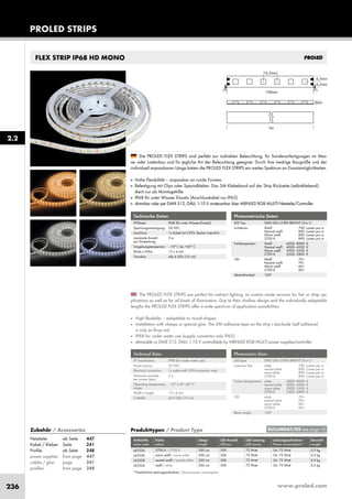 www.proled.com236
PROLED STRIPS
FLEX STRIP IP68 HD MONO
The PROLED FLEX STRIPS are perfect for indirect lighting, as custom made versions for fair or shop ap-
plications as well as for all kinds of illumination. Due to their shallow design and the individually adaptable
lengths the PROLED FLEX STRIPS offer a wide spectrum of application possibilities.
■ High flexibility – adaptable to round shapes.
■ Installation with clamps or special glue. The 3M adhesive tape on the strip’s backside (self adhesive)
is only as fit-up aid.
■ IP68 for under water use (supply connector only IP65)
■ dimmable or DMX 512, DALI, 1-10 V controllable by MBNLED RGB MULTI power supplies/controller
Die PROLED FLEX STRIPS sind perfekt zur indirekten Beleuchtung, für Sonderanfertigungen im Mes-
se- oder Ladenbau und für jegliche Art der Beleuchtung geeignet. Durch ihre niedrige Baugröße und der
individuell anpassbaren Länge bieten die PROLED FLEX STRIPS ein weites Spektrum an Einsatzmöglichkeiten.
■ Hohe Flexibilität – anpassbar an runde Formen.
■ Befestigung mit Clips oder Spezialkleber. Das 3M Klebeband auf der Strip Rückseite (selbstklebend)
dient nur als Montagehilfe.
■ IP68 für unter Wasser Einsatz (Anschlusskabel nur IP65)
■ dimmbar oder per DMX 512, DALI, 1-10 V ansteuerbar über MBNLED RGB MULTI Netzteile/Controller
Technische Daten
IP-Klasse: IP68 (für unter Wasser-Einsatz)
Spannungsversorgung: 24 VDC
Anschluss: 1x Kabel mit 2-POL Stecker männlich
maximale Anzahl 5 m
pro Einspeisung:
Umgebungstemperatur: –10° C bis +45° C
Breite x Höhe: 13 x 6 mm
Trennbar: alle 6 LEDs (10 cm)
Technical Data
IP classification: IP68 (for under water use)
Power source: 24 VDC
Electrical connection: 1x cable with 2-PIN connector male
Maximum quantity 5 m
per power input:
Operating temperature –10° C till +45° C
range:
Width x height: 13 x 6 mm
Cuttable: all 6 LEDs (10 cm)
Produkttypen / Product Type
Artikel-Nr. Farbe Länge LED Anzahl LED Leistung Leistungsaufnahme* Gewicht
order code colour length LED pcs LED power Power consumption* weight
2700 K / 2700 K 500 cm 300 72 Watt 54–72 Watt 0,5 kg
warm weiß / warm white 500 cm 300 72 Watt 54–72 Watt 0,5 kg
neutral weiß / neutral white 500 cm 300 72 Watt 54–72 Watt 0,5 kg
weiß / white 500 cm 300 72 Watt 54–72 Watt 0,5 kg
*Tatsächliche Leistungsaufnahme / Actual power consumption
Photometrische Daten
LED Typ: SMD LEDs ULTRA BRIGHT (3-in-1)
Lichtstrom: Weiß 700 Lumen pro m
Neutral weiß 890 Lumen pro m
Warm weiß 890 Lumen pro m
2700 K 890 Lumen pro m
Farbtemperatur: Weiß 6000–8000 K
Neutral weiß 4000–4500 K
Warm weiß 2900–3500 K
2700 K 2500–2800 K
CRI: Weiß 70+
Neutral weiß 70+
Warm weiß 60+
2700 K 60+
Abstrahlwinkel: 120°
Photometric Data
LED type: SMD LEDs ULTRA BRIGHT (3-in-1)
Luminous flux: white 700 Lumen per m
neutral white 890 Lumen per m
warm white 890 Lumen per m
2700 K 890 Lumen per m
Colour temperature: white 6000–8000 K
neutral white 4000–4500 K
warm white 2900–3500 K
2700 K 2500–2800 K
CRI: white 70+
neutral white 70+
warm white 60+
2700 K 60+
Beam angle: 120°
2.2
EULUMDAT/IES see page 10Zubehör / Accessories
Netzteile: ab Seite 447
Kabel / Kleber: Seite 241
Profile: ab Seite 248
power supplies: from page 447
cables / glue: page 241
profiles: from page 248
L65526
L65506
L65508
L65504
 