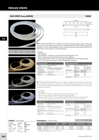 www.proled.com242
PROLED STRIPS
2.2
FLEX STRIP XTREME MONO
The PROLED FLEX STRIP EXTREME is perfectly suitable for outdoor applications. Ideal for wall-mounting,
for emphasis lighting of terraces or wellness ares as well as for the illumination of advertisement signs. Due to
the low size and the individually adaptable length the PROLED FLEX STRIP EXTREME provides a wide range
of application possibilities.
■ UV resistant
■ High rigidness
■ High flexibility - adaptable to round shapes (minimum bending radius 2,5 cm)
■ IP67 for outdoor use (power supply cable IP65 when correctly sealed)
■ dimmable or DMX 512, DALI, 1-10 V controllable by MBNLED RGB MULTI power supplies/controller
■ up to 10 m with a single power supply line, up to 20 m with power supply lines on both ends
Der PROLED FLEX STRIP XTREME ist perfekt für die Außen Anwendung geeignet. Ideal zur Anbringung
an Fassaden, zur Akzentbeleuchtung von Terrassen oder Wellnessbereichen oder zur Beleuchtung von Wer-
beschildern. Durch die niedrige Baugröße und der individuell anpassbaren Länge bietet der PROLED FLEX
STRIP XTREME ein weites Spektrum an Einsatzmöglichkeiten.
■ UV-Stabil
■ Hohe Robustheit
■ Hohe Flexibilität – anpassbar an runde Formen (Minimum Biegeradius 2,5cm)
■ IP67 für Außeneinsatz (Anschlusskabel IP65 bei korrektem Verkleben)
■ dimmbar oder per DMX 512, DALI, 1-10 V ansteuerbar über MBNLED RGB MULTI Netzteile/Controller
■ bis zu 10 m mit einer Einspeisung, bis zu 20 m bei beidseitiger Einspeisung
Technische Daten
IP-Klasse: IP67 (für Außeneinsatz)
Spannungsversorgung: 24 VDC
Anschluss: 2x Kabel 2-POL auf offenes Kabelende
maximale Anzahl 10 m (einseitig), 20 m (beidseitig)
pro Einspeisung:
Umgebungstemperatur: –20° C bis +45° C
Breite x Höhe: 13,5 x 6 mm
Trennbar: alle 6 LEDs (10 cm)
Technical Data
IP classification: IP67 (for outdoor use)
Power source: 24 VDC
Electrical connection: 2x cable with 2-PIN to open wires
Maximum quantity 10 m (single end), 20 m (both ends)
per power input:
Operating temperature –20° C till +45° C
range:
Width x height: 13,5 x 6 mm
Cuttable: all 6 LEDs (10 cm)
Photometrische Daten
LED Typ: SMD LEDs ULTRA BRIGHT (3-in-1)
Lichtstrom: Weiß 830 Lumen pro m
Neutral weiß 920 Lumen pro m
Warm weiß 930 Lumen pro m
Farbtemperatur: Weiß 6000–7500 K
Neutral weiß 3700–4300 K
Warm weiß 2900–3300 K
CRI: Weiß 70+
Neutral weiß 70+
Warm weiß 70+
Abstrahlwinkel: 120°
Photometric Data
LED type: SMD LEDs ULTRA BRIGHT (3-in-1)
Luminous flux: white 830 Lumen per m
neutral white 920 Lumen per m
warm white 930 Lumen per m
Colour temperature: white 6000–7500 K
neutral white 3700–4300 K
warm white 2900–3300 K
CRI: white 70+
neutral white 70+
warm white 70+
Beam angle: 120°
Produkttypen / Product Type
Artikel-Nr. Farbe Länge LED Anzahl LED Leistung Leistungsaufnahme* Gewicht
order code colour length LED pcs LED power Power consumption* weight
warm weiß / warm white 1000 cm 600 144 Watt 110–144 Watt 1,3 kg
neutral weiß / neutral white 1000 cm 600 144 Watt 110–144 Watt 1,3 kg
weiß / white 1000 cm 600 144 Watt 110–144 Watt 1,3 kg
*Tatsächliche Leistungsaufnahme / Actual power consumption
EULUMDAT/IES see page 10Zubehör / Accessories
Netzteile: ab Seite 447
Kabel / Kleber: Seite 244–245
Profile: ab Seite 248
power supplies: from page 447
cables / glue: page 244–245
profiles: from page 248
L65XT006
L65XT008
L65XT004
 