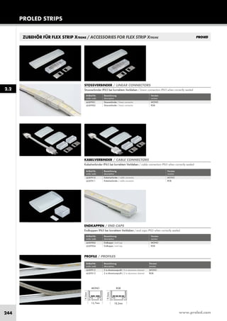 www.proled.com244
ZUBEHÖR FÜR FLEX STRIP XTREME / ACCESSORIES FOR FLEX STRIP XTREME
PROLED STRIPS
2.2
STOSSVERBINDER / LINEAR CONNECTORS
Stossverbinder IP65 bei korrektem Verkleben / linear connectors IP65 when correctly sealed
Artikel-Nr. Bezeichnung Version
order code description version
Stossverbinder / linear connector MONO
Stossverbinder / linear connector RGB
L65XT901
L65XT902
ENDKAPPEN / END CAPS
Endkappen IP65 bei korrektem Verkleben / end caps IP65 when correctly sealed
Artikel-Nr. Bezeichnung Version
order code description version
Endkappe / end cap MONO
Endkappe / end cap RGB
L65XT903
L65XT904
Artikel-Nr. Bezeichnung Version
order code description version
Kabelverbinder / cable connector MONO
Kabelverbinder / cable connector RGB
KABELVERBINDER / CABLE CONNECTORS
Kabelverbinder IP65 bei korrektem Verkleben / cable connectors IP65 when correctly sealed
L65XT910
L65XT911
PROFILE / PROFILES
Artikel-Nr. Bezeichnung Version
order code description version
2 m Aluminiumprofil / 2 m aluminium channel MONO
2 m Aluminiumprofil / 2 m aluminium channel RGB
L65XT912
L65XT913
 