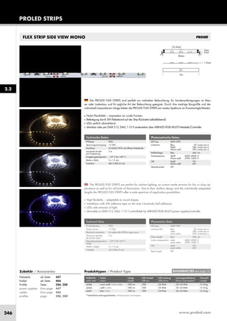 www.proled.com246
PROLED STRIPS
FLEX STRIP SIDE VIEW MONO
The PROLED FLEX STRIPS are perfect for indirect lighting, as custom made versions for fair or shop ap-
plications as well as for all kinds of illumination. Due to their shallow design and the individually adaptable
lengths the PROLED FLEX STRIPS offer a wide spectrum of application possibilities.
■ High flexibility – adaptable to round shapes.
■ Installation with 3M adhesive tape on the strip’s backside (self adhesive).
■ LEDs side emission of light.
■ dimmable or DMX 512, DALI, 1-10 V controllable by MBNLED RGB MULTI power supplies/controller
Die PROLED FLEX STRIPS sind perfekt zur indirekten Beleuchtung, für Sonderanfertigungen im Mes-
se- oder Ladenbau und für jegliche Art der Beleuchtung geeignet. Durch ihre niedrige Baugröße und der
individuell anpassbaren Länge bieten die PROLED FLEX STRIPS ein weites Spektrum an Einsatzmöglichkeiten.
■ Hohe Flexibilität – anpassbar an runde Formen.
■ Befestigung durch 3M Klebeband auf der Strip Rückseite (selbstklebend).
■ LEDs seitlich abstrahlend.
■ dimmbar oder per DMX 512, DALI, 1-10 V ansteuerbar über MBNLED RGB MULTI Netzteile/Controller
Technische Daten
IP-Klasse: IP20
Spannungsversorgung: 12 VDC
Anschluss: 2x Kabel 2-POL auf offenes Kabelende
maximale Anzahl 5 m
pro Einspeisung:
Umgebungstemperatur: –10° C bis +45° C
Breite x Höhe: 5 x 1,5 mm
Trennbar: alle 3 LEDs (5 cm)
Technical Data
IP classification: IP20
Power source: 12 VDC
Electrical connection: 2x cable with 2-PIN to open wires
Maximum quantity 5 m
per power input:
Operating temperature –10° C till +45° C
range:
Width x height: 5 x 1,5 mm
Cuttable: all 3 LEDs (5 cm)
Photometrische Daten
LED Typ: SMD CHIP
Lichtstrom: Blau 50 Lumen pro m
Weiß 280 Lumen pro m
Warm weiß 290 Lumen pro m
Wellenlänge: Blau 464 nm
Farbtemperatur: Weiß 6000–8000 K
Warm weiß 2900–3500 K
CRI: Weiß 70+
Warm weiß 60+
Abstrahlwinkel: 90°
Photometric Data
LED type: SMD CHIP
Luminous flux: blue 50 Lumen per m
white 280 Lumen per m
warm white 290 Lumen per m
Wave length: blue 464 nm
Colour temperature: white 6000–8000 K
warm white 2900–3500 K
CRI: white 70+
warm white 60+
Beam angle: 90°
Produkttypen / Product Type
Artikel-Nr. Farbe Länge LED Anzahl LED Leistung Leistungsaufnahme* Gewicht
order code colour length LED pcs LED power Power consumption* weight
warm weiß / warm white 500 cm 300 24 Watt 20–24 Watt 0,10 kg
weiß / white 500 cm 300 24 Watt 20–24 Watt 0,10 kg
blau / blue 500 cm 300 24 Watt 20–24 Watt 0,10 kg
*Tatsächliche Leistungsaufnahme / Actual power consumption
2.2
EULUMDAT/IES see page 10Zubehör / Accessories
Netzteile: ab Seite 447
Kabel: ab Seite 466
Profile: Seite 286, 288
power supplies: from page 447
cables: from page 466
profiles: page 286, 288
L6406
L6404
L6401
 