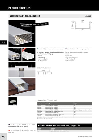 www.proled.com252
ALUMINIUM PROFILE L-LINE REC
PROLED PROFILES
L-LINE REC (for wall or ceiling integration)
One flat plastic cover is available in following
versions:
■ crystal clear
■ frost (semitransparent)
■ milky frost (opal)
■ with microprism
L-LINE REC (zum Wand- oder Deckeneinbau)
Für L-LINE REC steht eine plane Kunststoffabdeckung
in vier Varianten zur Verfügung:
■ glasklar
■ frost (halbklar)
■ milchig frost (opal)
■ mit Mikroprismen
For compatibility of PROFILES and STRIPS see
page 280.
Eine Übersicht welche PROFILE mit welchen STRIPS
kompatibel sind, finden Sie auf Seite 280.
Mit Brandschutz / with fire restrictions
2.3
PLASTIC COVERS L-LINE Seite 253 / page 253
Formen Varianten
shapes versions
FLAT CLEAR, FROST, MILKY (OPAL), MICROPRISM
Produkttypen / Product Type
Artikel-Nr. Bezeichnung Länge
order code description length
ALUMINIUM PROFILE L-LINE REC 2 m
ALUMINIUM PROFILE L-LINE REC 3 m
ALUMINIUM PROFILE L-LINE REC 5 m
ALUMINIUM PROFILE L-LINE REC lfm (max. 5 m)* / per meter (max. 5 m)*
ALUMINIUM PROFILE L-LINE REC weiß / white 2 m
ALUMINIUM SLIDING BASE L-LINE 2 m
ALUMINIUM SLIDING BASE L-LINE weiß / white 2 m
ALUMINIUM END CAP FLAT L-LINE REC
ALUMINIUM END CAP FLAT L-LINE REC weiß / white
L69F00R
L69F00RX
L69F00RY
L69F00RZ
L69F00RW
L69FSBS
L69FSBSW
L69FS3ER
L69FS3ERW
EINSCHUBPROFIL / SLIDING BASE
EINSCHUBPROFIL /
SLIDING BASE
*Zuschnitt nach Maß / Custom Length
N
EW
PLASTIC COVERS Seite 253 / page 253
 