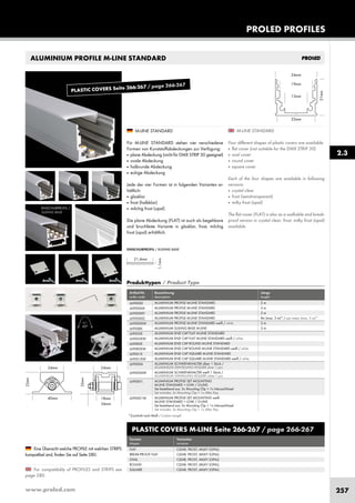 www.proled.com 257
ALUMINIUM PROFILE M-LINE STANDARD
PLASTIC COVERS M-LINE Seite 266-267 / page 266-267
Formen Varianten
shapes versions
FLAT CLEAR, FROST, MILKY (OPAL)
BREAK-PROOF FLAT CLEAR, FROST, MILKY (OPAL)
OVAL CLEAR, FROST, MILKY (OPAL)
ROUND CLEAR, FROST, MILKY (OPAL)
SQUARE CLEAR, FROST, MILKY (OPAL)
M-LINE STANDARD
Four different shapes of plastic covers are available:
■ flat cover (not suitable for the DMX STRIP 30)
■ oval cover
■ round cover
■ square cover
Each of the four shapes are available in following
versions:
■ crystal clear
■ frost (semitransparent)
■ milky frost (opal)
The flat cover (FLAT) is also as a walkable and break-
proof version in crystal clear, frost, milky frost (opal)
available.
M-LINE STANDARD
Für M-LINE STANDARD stehen vier verschiedene
Formen von Kunststoffabdeckungen zur Verfügung:
■ plane Abdeckung (nicht für DMX STRIP 30 geeignet)
■ ovale Abdeckung
■ halbrunde Abdeckung
■ eckige Abdeckung
Jede der vier Formen ist in folgenden Varianten er-
hältlich:
■ glasklar
■ frost (halbklar)
■ milchig frost (opal)
Die plane Abdeckung (FLAT) ist auch als begehbare
und bruchfeste Variante in glasklar, frost, milchig
frost (opal) erhältlich.
EINSCHUBPROFIL /
SLIDING BASE
For compatibility of PROFILES and STRIPS see
page 280.
Eine Übersicht welche PROFILE mit welchen STRIPS
kompatibel sind, finden Sie auf Seite 280.
PROLED PROFILES
EINSCHUBPROFIL / SLIDING BASE
2.3
Produkttypen / Product Type
Artikel-Nr. Bezeichnung Länge
order code description length
ALUMINIUM PROFILE M-LINE STANDARD 2 m
ALUMINIUM PROFILE M-LINE STANDARD 3 m
ALUMINIUM PROFILE M-LINE STANDARD 5 m
ALUMINIUM PROFILE M-LINE STANDARD lfm (max. 5 m)* / per meter (max. 5 m)*
ALUMINIUM PROFILE M-LINE STANDARD weiß / white 2 m
ALUMINIUM SLIDING BASE M-LINE 2 m
ALUMINIUM END CAP FLAT M-LINE STANDARD
ALUMINIUM END CAP FLAT M-LINE STANDARD weiß / white
ALUMINIUM END CAP ROUND M-LINE STANDARD
ALUMINIUM END CAP ROUND M-LINE STANDARD weiß / white
ALUMINIUM END CAP SQUARE M-LINE STANDARD
ALUMINIUM END CAP SQUARE M-LINE STANDARD weiß / white
ALUMINIUM SCHWENKHALTER silber 1 Stück /
ALUMINIUM SWIVELLING HOLDER silver 1 pcs
ALUMINIUM SCHWENKHALTER weiß 1 Stück /
ALUMINIUM SWIVELLING HOLDER white 1 pcs
ALUMINIUM PROFILE SET MOUNTING
M-LINE STANDARD + LOW / O-LINE
Set bestehend aus: 3x Mounting Clip + 1x Inbusschlüssel
Set includes: 3x Mounting Clip + 1x Allen Key
ALUMINIUM PROFILE SET MOUNTING weiß
M-LINE STANDARD + LOW / O-LINE
Set bestehend aus: 3x Mounting Clip + 1x Inbusschlüssel
Set includes: 3x Mounting Clip + 1x Allen Key
L690000
L690000X
L690000Y
L690000Z
L690000W
L690SBS
L690S3E
L690S3EW
L690R2E
L690R2EW
L690S1E
L690S1EW
L690006
L690006W
L690001
L690001W
*Zuschnitt nach Maß / Custom Length
+/–
60°
PLASTIC COVERS Seite 266-267 / page 266-267
 
