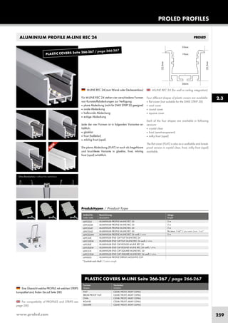 www.proled.com 259
For compatibility of PROFILES and STRIPS see
page 280.
Eine Übersicht welche PROFILE mit welchen STRIPS
kompatibel sind, finden Sie auf Seite 280.
ALUMINIUM PROFILE M-LINE REC 24
M-LINE REC 24 (for wall or ceiling integration)
Four different shapes of plastic covers are available:
■ flat cover (not suitable for the DMX STRIP 30)
■ oval cover
■ round cover
■ square cover
Each of the four shapes are available in following
versions:
■ crystal clear
■ frost (semitransparent)
■ milky frost (opal)
The flat cover (FLAT) is also as a walkable and break-
proof version in crystal clear, frost, milky frost (opal)
available.
PROLED PROFILES
M-LINE REC 24 (zum Wand- oder Deckeneinbau)
Für M-LINE REC 24 stehen vier verschiedene Formen
von Kunststoffabdeckungen zur Verfügung:
■ plane Abdeckung (nicht für DMX STRIP 30 geeignet)
■ ovale Abdeckung
■ halbrunde Abdeckung
■ eckige Abdeckung
Jede der vier Formen ist in folgenden Varianten er-
hältlich:
■ glasklar
■ frost (halbklar)
■ milchig frost (opal)
Die plane Abdeckung (FLAT) ist auch als begehbare
und bruchfeste Variante in glasklar, frost, milchig
frost (opal) erhältlich.
Ohne Brandschutz / without fire restrictions
2.3
PLASTIC COVERS M-LINE Seite 266-267 / page 266-267
Formen Varianten
shapes versions
FLAT CLEAR, FROST, MILKY (OPAL)
BREAK-PROOF FLAT CLEAR, FROST, MILKY (OPAL)
OVAL CLEAR, FROST, MILKY (OPAL)
ROUND CLEAR, FROST, MILKY (OPAL)
SQUARE CLEAR, FROST, MILKY (OPAL)
Produkttypen / Product Type
Artikel-Nr. Bezeichnung Länge
order code description length
ALUMINIUM PROFILE M-LINE REC 24 2 m
ALUMINIUM PROFILE M-LINE REC 24 3 m
ALUMINIUM PROFILE M-LINE REC 24 5 m
ALUMINIUM PROFILE M-LINE REC 24 lfm (max. 5 m)* / per meter (max. 5 m)*
ALUMINIUM PROFILE M-LINE REC 24 weiß / white 2 m
ALUMINIUM END CAP FLAT M-LINE REC 24
ALUMINIUM END CAP FLAT M-LINE REC 24 weiß / white
ALUMINIUM END CAP ROUND M-LINE REC 24
ALUMINIUM END CAP ROUND M-LINE REC 24 weiß / white
ALUMINIUM END CAP SQUARE M-LINE REC 24
ALUMINIUM END CAP SQUARE M-LINE REC 24 weiß / white
ALUMINIUM PROFILE SPRING MOUNTIG CLIP
L69C024
L69C024X
L69C024Y
L69C024Z
L69C024W
L69CS3E
L69CS3EW
L69CR2E
L69CR2EW
L69CS1E
L69CS1EW
L690003
*Zuschnitt nach Maß / Custom Length
N
EW
PLASTIC COVERS Seite 266-267 / page 266-267
 