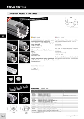 www.proled.com264
ALUMINIUM PROFILE M-LINE CIRCLE
N
EW
PROLED PROFILES
EINSCHUBPROFIL /
SLIDING BASE
M-LINE CIRCLE
Four different shapes of plastic covers are available:
■ flat cover (not suitable for the DMX STRIP 30)
■ oval cover
■ round cover
■ square cover
Each of the four shapes are available in following
versions:
■ crystal clear
■ frost (semitransparent)
■ milky frost (opal)
The flat cover (FLAT) is also as a walkable and break-
proof version in crystal clear, frost, milky frost (opal)
available.
M-LINE CIRCLE
Für M-LINE CIRCLE stehen vier verschiedene Formen
von Kunststoffabdeckungen zur Verfügung:
■ plane Abdeckung (nicht für DMX STRIP 30 geeignet)
■ ovale Abdeckung
■ halbrunde Abdeckung
■ eckige Abdeckung
Jede der vier Formen ist in folgenden Varianten er-
hältlich:
■ glasklar
■ frost (halbklar)
■ milchig frost (opal)
Die plane Abdeckung (FLAT) ist auch als begehbare
und bruchfeste Variante in glasklar, frost, milchig
frost (opal) erhältlich.
EINSCHUBPROFIL / SLIDING BASE
2.3
Produkttypen / Product Type
Artikel-Nr. Bezeichnung Länge
order code description length
ALUMINIUM PROFILE M-LINE CIRCLE 2 m
ALUMINIUM PROFILE M-LINE CIRCLE 3 m
ALUMINIUM PROFILE M-LINE CIRCLE lfm (max. 3 m)* / per meter (max. 3 m)*
ALUMINIUM PROFILE M-LINE CIRCLE weiß / white 2 m
ALUMINIUM SLIDING BASE M-LINE 2 m
ALUMINIUM END CAP FLAT M-LINE CIRCLE
ALUMINIUM END CAP FLAT M-LINE CIRCLE weiß / white
ALUMINIUM END CAP OVAL M-LINE CIRCLE
ALUMINIUM END CAP OVAL M-LINE CIRCLE weiß / white
ALUMINIUM SCHWENKHALTER silber 1 Stück /
ALUMINIUM SWIVELLING HOLDER silver 1 pcs
ALUMINIUM SCHWENKHALTER weiß 1 Stück /
ALUMINIUM SWIVELLING HOLDER white 1 pcs
ALUMINIUM PROFILE SET MOUNTING M-LINE CIRCLE
Set bestehend aus: 3x Mounting Clip / Set includes: 3x Mounting Clip
ALUMINIUM PROFILE SET MOUNTING M-LINE CIRCLE weiß
Set bestehend aus: 3x Mounting Clip / Set includes: 3x Mounting Clip
L69G000
L69G000X
L69G000Z
L69G000W
L690SBS
L69GS3E
L69GS3EW
L69GC5E
L69GC5EW
L690006
L690006W
L69G001
L69G001W
*Zuschnitt nach Maß / Custom Length
+/–
60°
PLASTIC COVERS Seite 266-267 / page 266-267
 