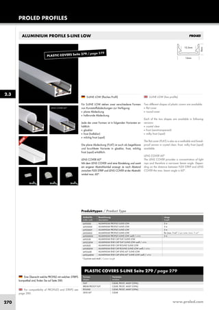 www.proled.com270
ALUMINIUM PROFILE S-LINE LOW
S-LINE LOW (low profile)
Two different shapes of plastic covers are available:
■ flat cover
■ round cover
Each of the two shapes are available in following
versions:
■ crystal clear
■ frost (semitransparent)
■ milky frost (opal)
The flat cover (FLAT) is also as a walkable and break-
proof version in crystal clear, frost, milky frost (opal)
available.
LENS COVER 60°
The LENS COVER provides a concentration of light
rays and therefore a narrower beam angle. Depen-
ding on the distance between FLEX STRIP and LENS
COVER the max. beam angle is 60°.
S-LINE LOW (flaches Profil)
Für S-LINE LOW stehen zwei verschiedene Formen
von Kunststoffabdeckungen zur Verfügung:
■ plane Abdeckung
■ halbrunde Abdeckung
Jede der zwei Formen ist in folgenden Varianten er-
hältlich:
■ glasklar
■ frost (halbklar)
■ milchig frost (opal)
Die plane Abdeckung (FLAT) ist auch als begehbare
und bruchfeste Variante in glasklar, frost, milchig
frost (opal) erhältlich.
LENS COVER 60°
Mit dem LENS COVER wird eine Bündelung und somit
ein engerer Abstrahlwinkel erzeugt. Je nach Abstand
zwischen FLEX STRIP und LENS COVER ist der Abstrahl-
winkel max. 60°.
For compatibility of PROFILES and STRIPS see
page 280.
Eine Übersicht welche PROFILE mit welchen STRIPS
kompatibel sind, finden Sie auf Seite 280.
2.3
PROLED PROFILES
LENS COVER 60°
PLASTIC COVERS S-LINE Seite 279 / page 279
Formen Varianten
shapes versions
FLAT CLEAR, FROST, MILKY (OPAL)
BREAK-PROOF FLAT CLEAR, FROST, MILKY (OPAL)
ROUND CLEAR, FROST, MILKY (OPAL)
LENS 60° CLEAR
Produkttypen / Product Type
Artikel-Nr. Bezeichnung Länge
order code description length
ALUMINIUM PROFILE S-LINE LOW 2 m
ALUMINIUM PROFILE S-LINE LOW 3 m
ALUMINIUM PROFILE S-LINE LOW 5 m
ALUMINIUM PROFILE S-LINE LOW lfm (max. 5 m)* / per meter (max. 5 m)*
ALUMINIUM PROFILE S-LINE LOW weiß / white 2 m
ALUMINIUM END CAP FLAT S-LINE LOW
ALUMINIUM END CAP FLAT S-LINE LOW weiß / white
ALUMINIUM END CAP ROUND S-LINE LOW
ALUMINIUM END CAP ROUND S-LINE LOW weiß / white
ALUMINIUM END CAP LENS 60° S-LINE LOW
ALUMINIUM END CAP LENS 60° S-LINE LOW weiß / white
L692000
L692000X
L692000Y
L692000Z
L692000W
L692S3E
L692S3EW
L692R2E
L692R2EW
L692L60E
L692L60EW
*Zuschnitt nach Maß / Custom Length
N
EW
PLASTIC COVERS Seite 279 / page 279
 