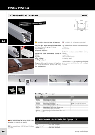 www.proled.com272
ALUMINIUM PROFILE S-LINE REC
S-LINE REC (for wall or ceiling integration)
Two different shapes of plastic covers are available:
■ flat cover
■ round cover
Each of the two shapes are available in following
versions:
■ crystal clear
■ frost (semitransparent)
■ milky frost (opal)
The flat cover (FLAT) is also as a walkable and break-
proof version in crystal clear, frost, milky frost (opal)
available.
S-LINE REC (zum Wand- oder Deckeneinbau)
Für S-LINE REC stehen zwei verschiedene Formen
von Kunststoffabdeckungen zur Verfügung:
■ plane Abdeckung
■ halbrunde Abdeckung
Jede der zwei Formen ist in folgenden Varianten er-
hältlich:
■ glasklar
■ frost (halbklar)
■ milchig frost (opal)
Die plane Abdeckung (FLAT) ist auch als begehbare
und bruchfeste Variante in glasklar, frost, milchig
frost (opal) erhältlich.
For compatibility of PROFILES and STRIPS see
page 280.
Eine Übersicht welche PROFILE mit welchen STRIPS
kompatibel sind, finden Sie auf Seite 280.
PROLED PROFILES
Mit Brandschutz / with fire restrictions Ohne Brandschutz / without fire restrictions
2.3
PLASTIC COVERS S-LINE Seite 279 / page 279
Formen Varianten
shapes versions
FLAT CLEAR, FROST, MILKY (OPAL)
BREAK-PROOF FLAT CLEAR, FROST, MILKY (OPAL)
ROUND CLEAR, FROST, MILKY (OPAL)
Produkttypen / Product Type
Artikel-Nr. Bezeichnung Länge
order code description length
ALUMINIUM PROFILE S-LINE REC 2 m
ALUMINIUM PROFILE S-LINE REC 3 m
ALUMINIUM PROFILE S-LINE REC 5 m
ALUMINIUM PROFILE S-LINE REC lfm (max. 5 m)* / per meter (max. 5 m)*
ALUMINIUM PROFILE S-LINE REC weiß / white 2 m
ALUMINIUM END CAP FLAT S-LINE REC
ALUMINIUM END CAP FLAT S-LINE REC weiß / white
ALUMINIUM END CAP ROUND S-LINE REC
ALUMINIUM END CAP ROUND S-LINE REC weiß / white
L695000
L695000X
L695000Y
L695000Z
L695000W
L695S3E
L695S3EW
L695R2E
L695R2EW
*Zuschnitt nach Maß / Custom Length
N
EW
PLASTIC COVERS Seite 279 / page 279
 
